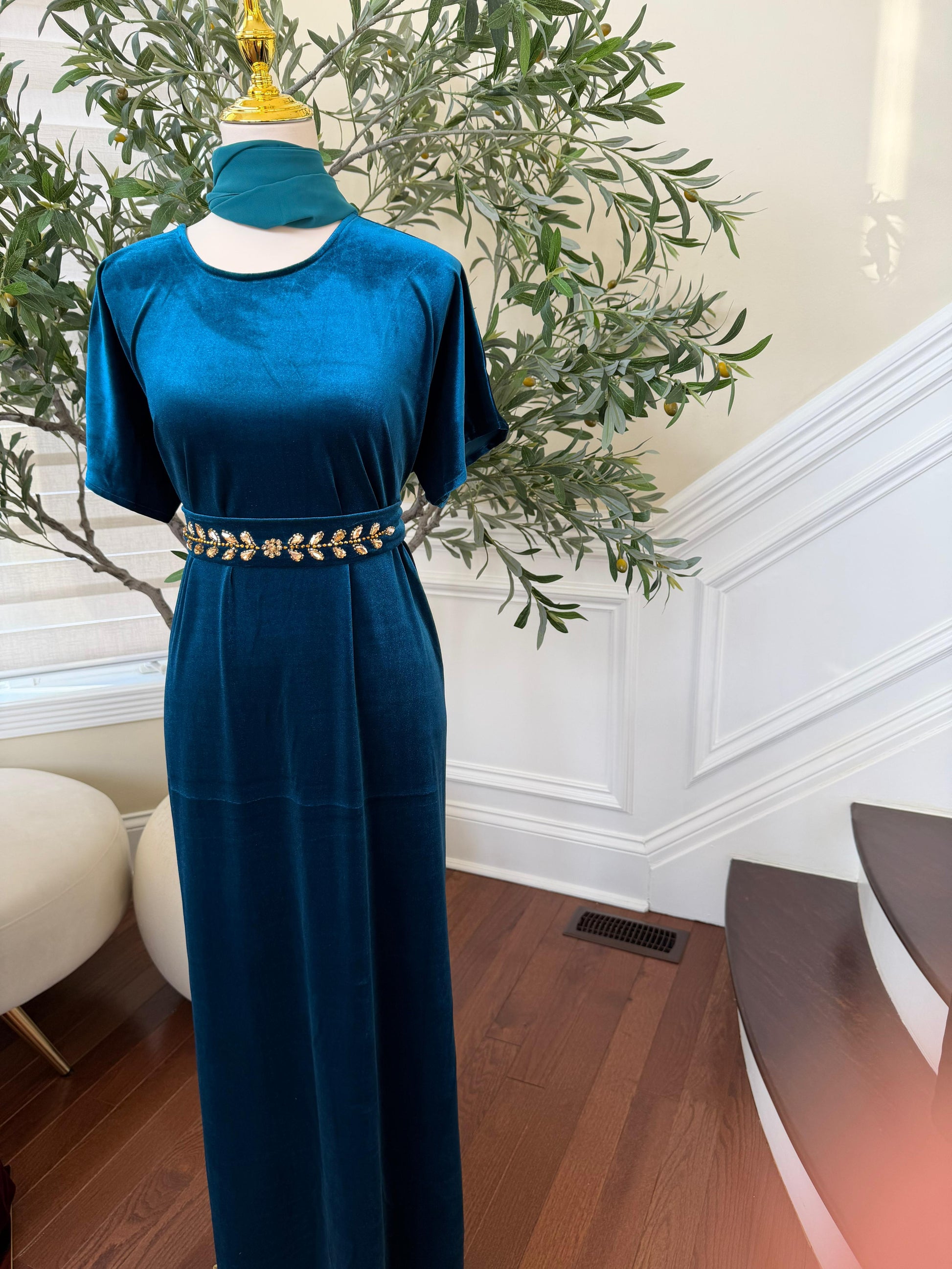 Turquoise Golden Crystal Two Piece Beaded Abaya