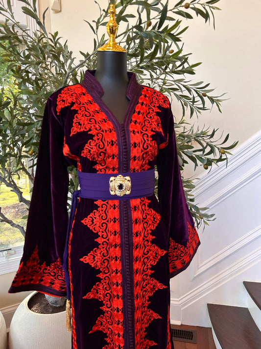Purple Velvet Embellishment Red Kuftan