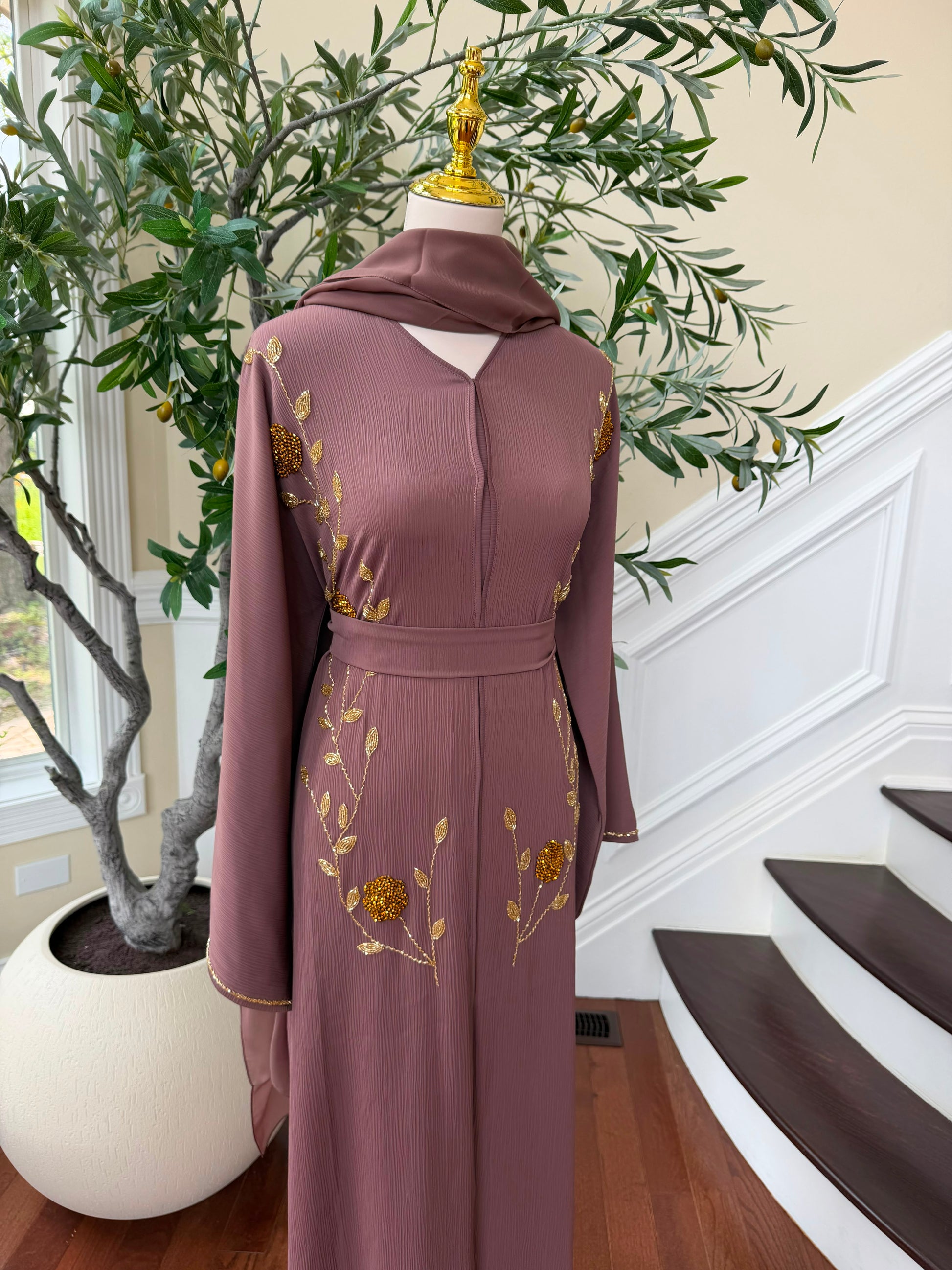 Muave Golden Essence Floral Abaya