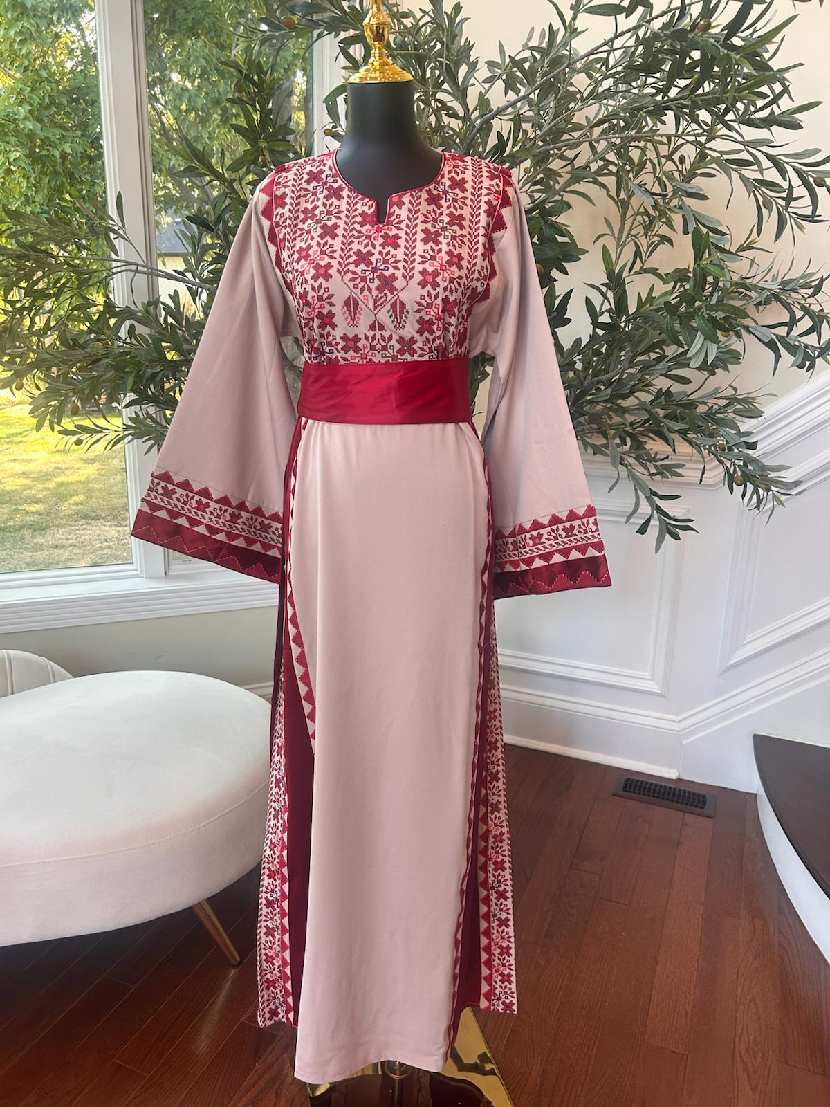 Cream Embroidery Red Detail Tatreez Thobe