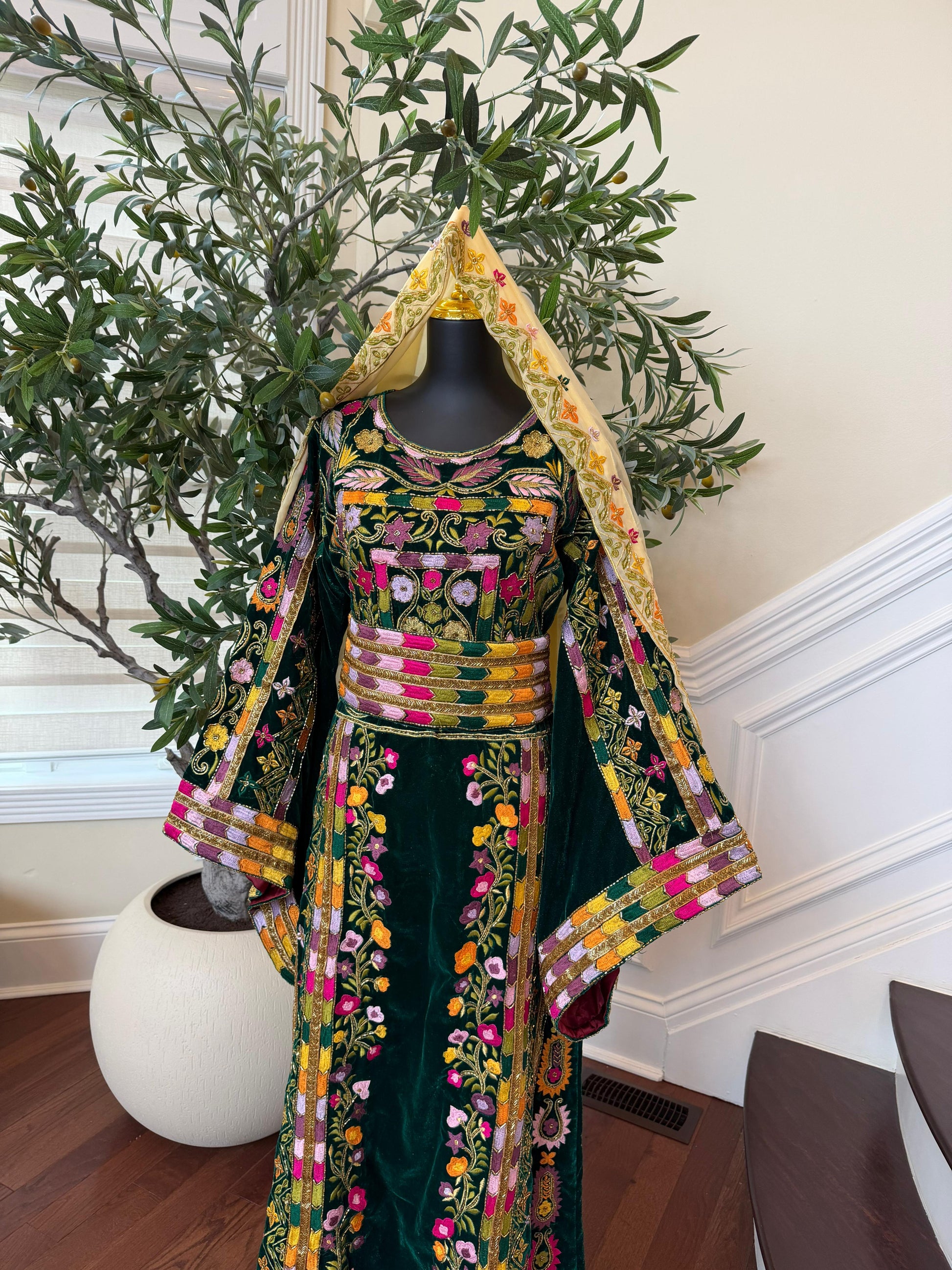 Green Velvet Beaded Stone Thobe