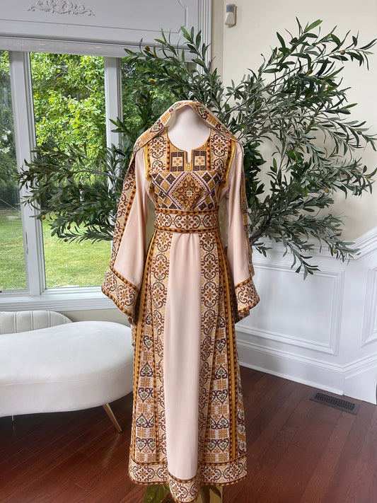 Tan Elegance Embroidery Tatreez Golden Detail Thobe