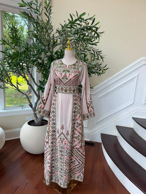Cream Embroidery Green Tatreez Thobe
