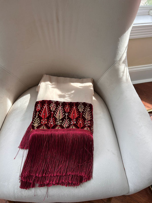 Elegant Tan-Red Tatreez Khirka Shal Mandil
