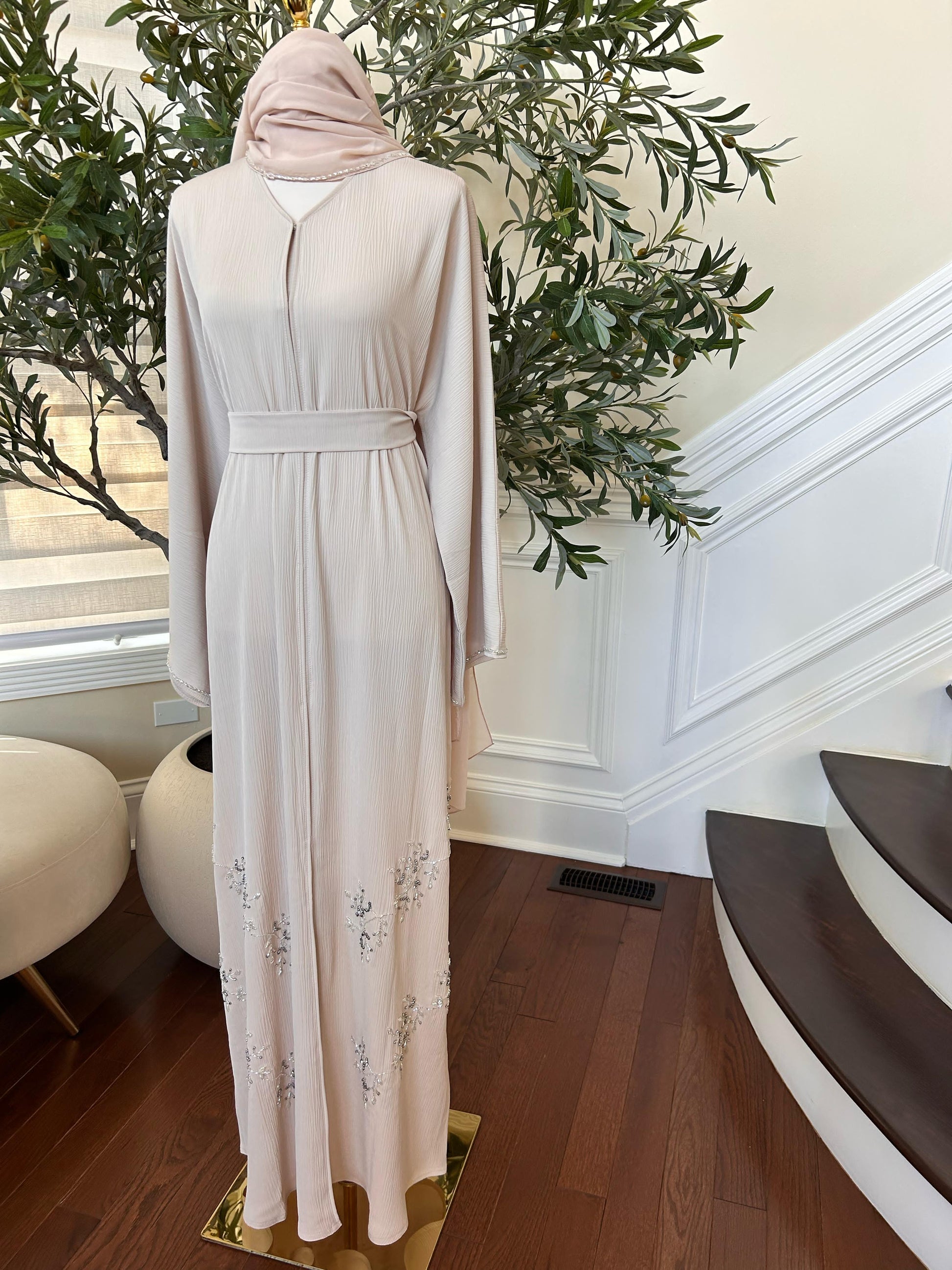 Cream Crystal Beaded Abaya
