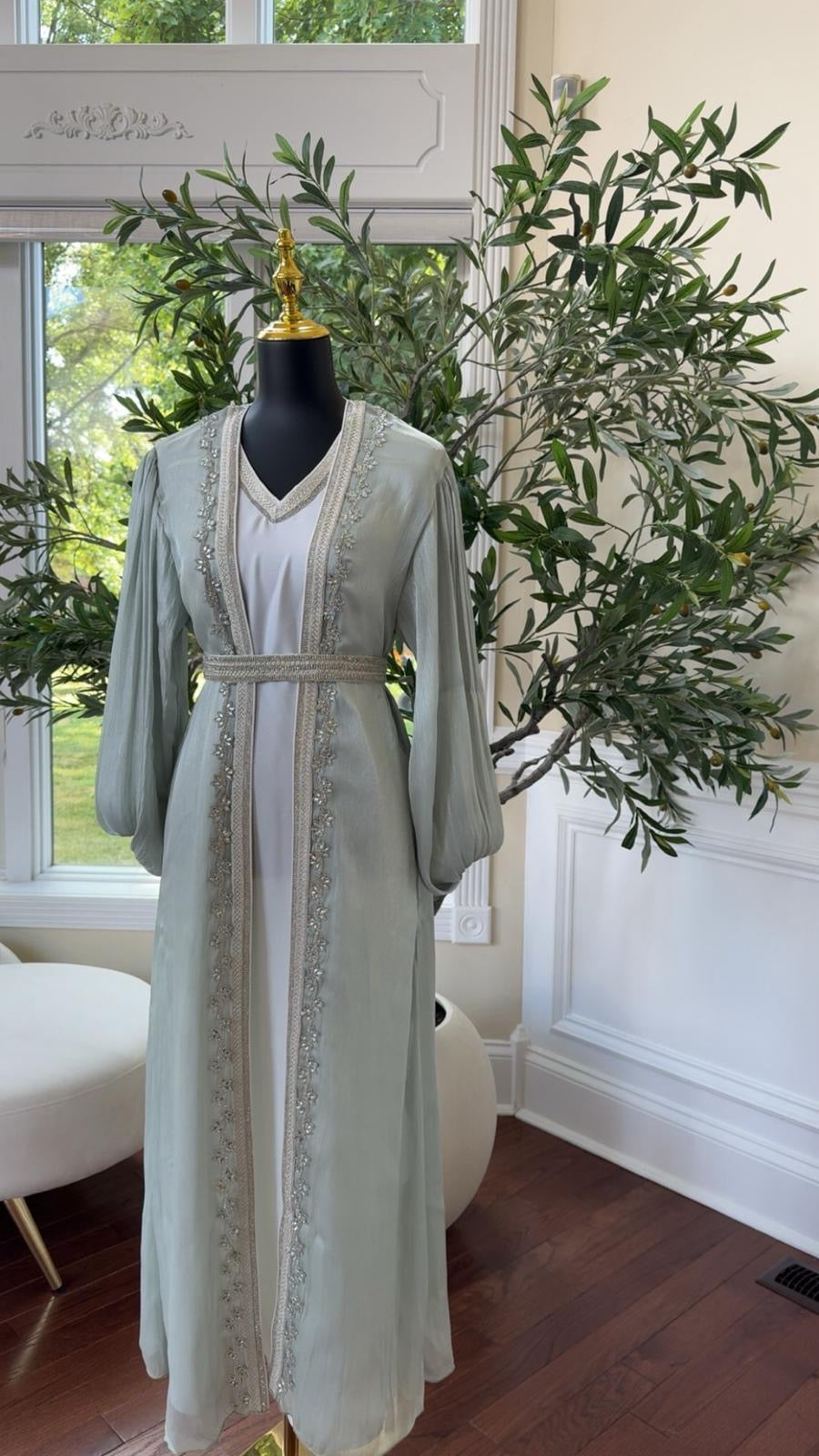 Sage Green Kuftan with Delicate Detail