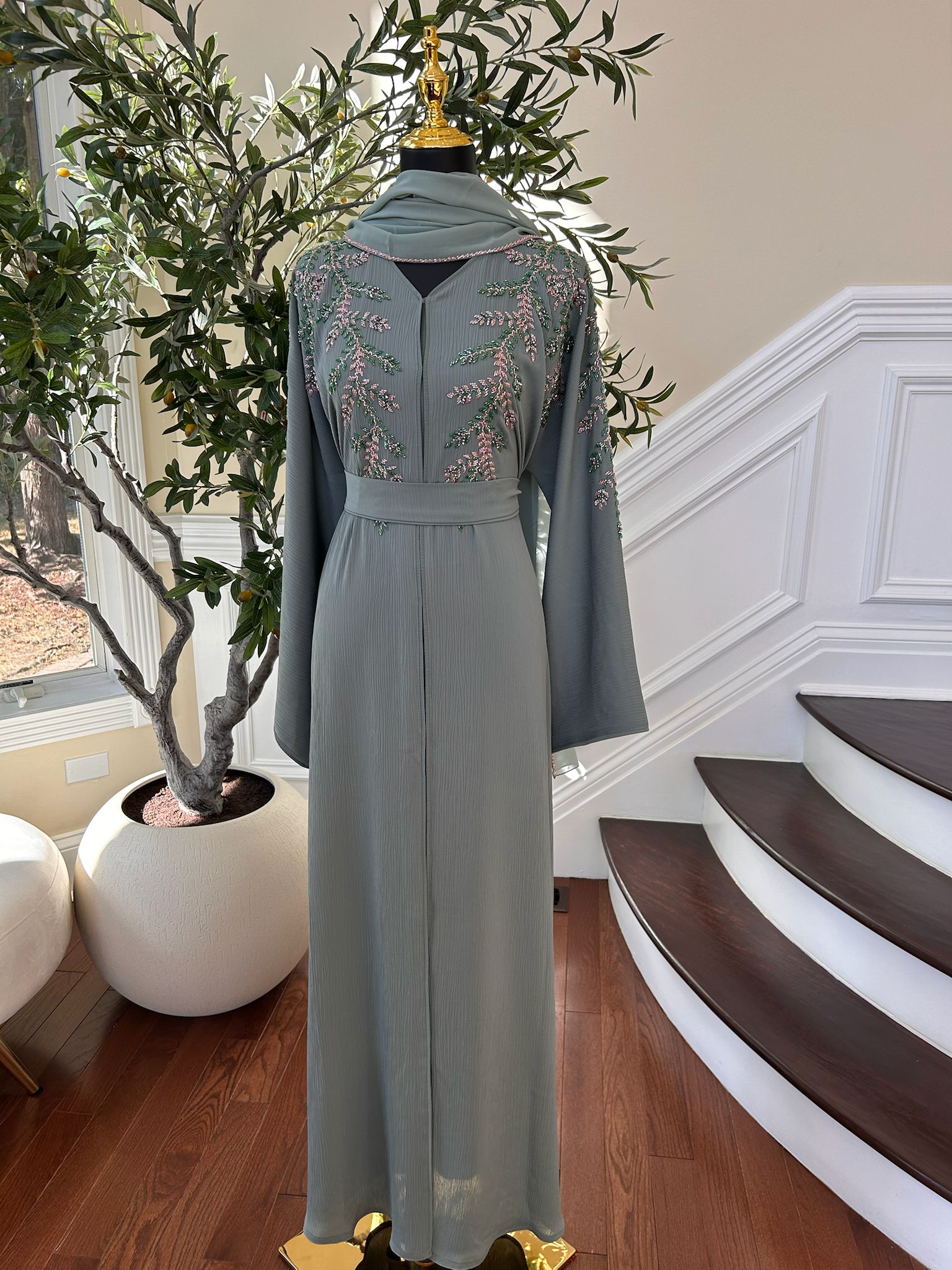 Mint Green Elegance Beaded Charm Abaya