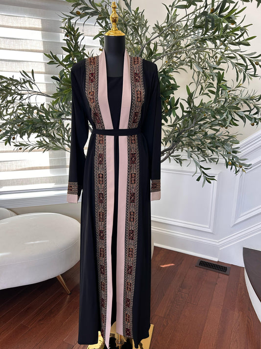 Black Tatreez Embroidered Two Piece Abaya