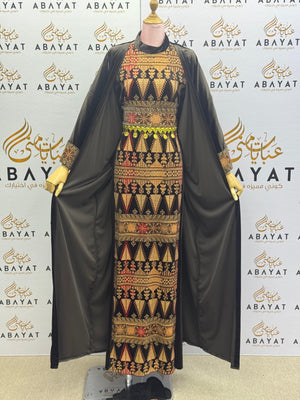 Chocolate Brown Palestinian Thobe with Golden Tatreez Embroidery A1968