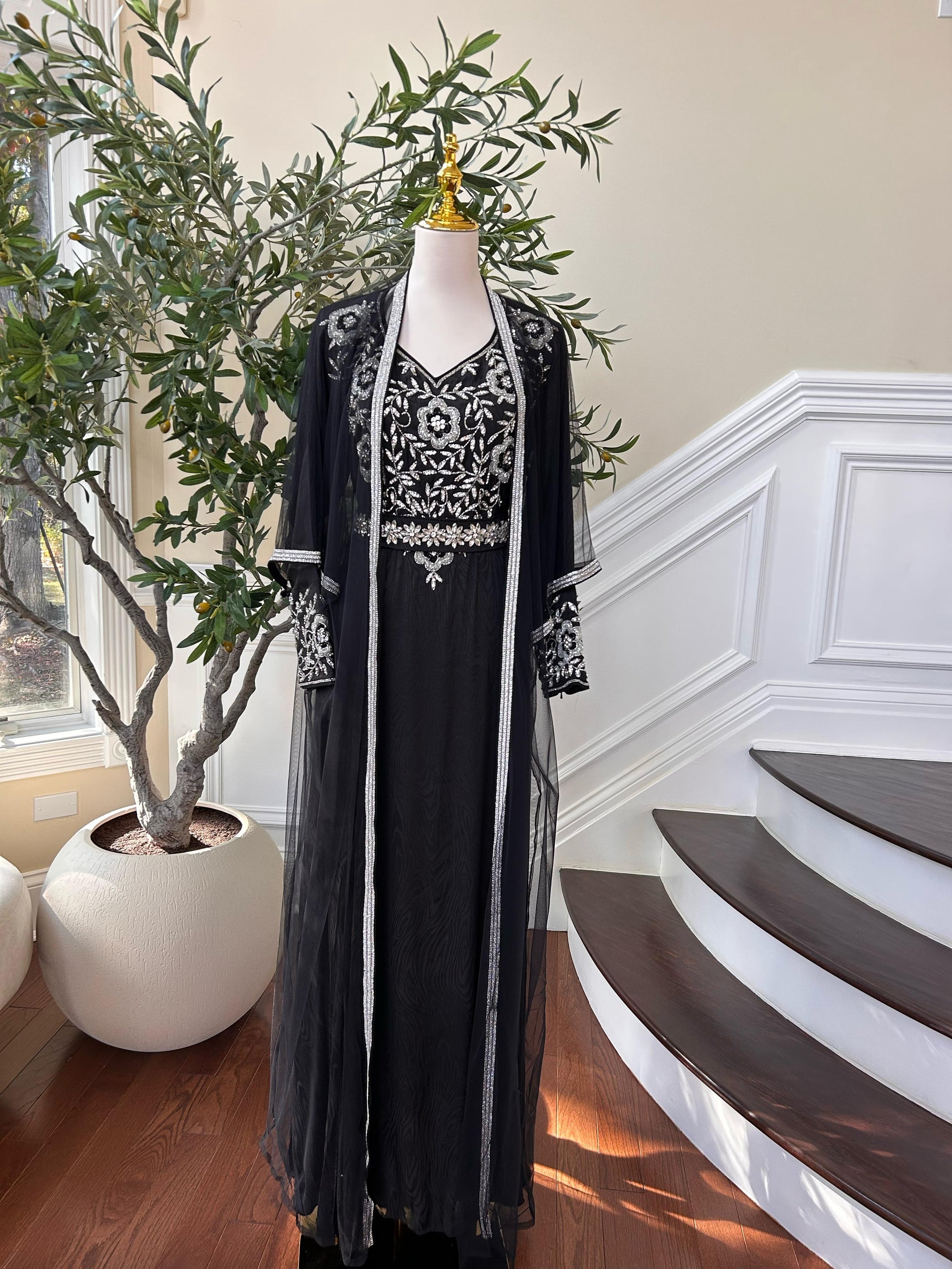 Black Silver Stone Beaded Kuftan