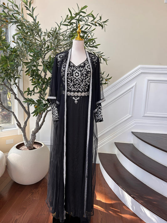 Black Silver Stone Beaded Kuftan