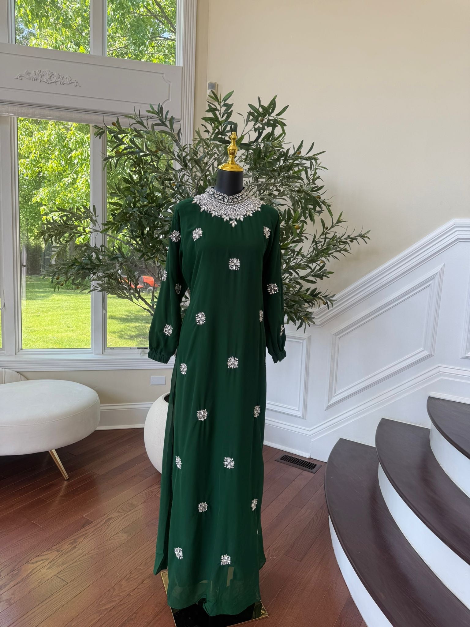 Green Glimmer Stonework Maxi Dress