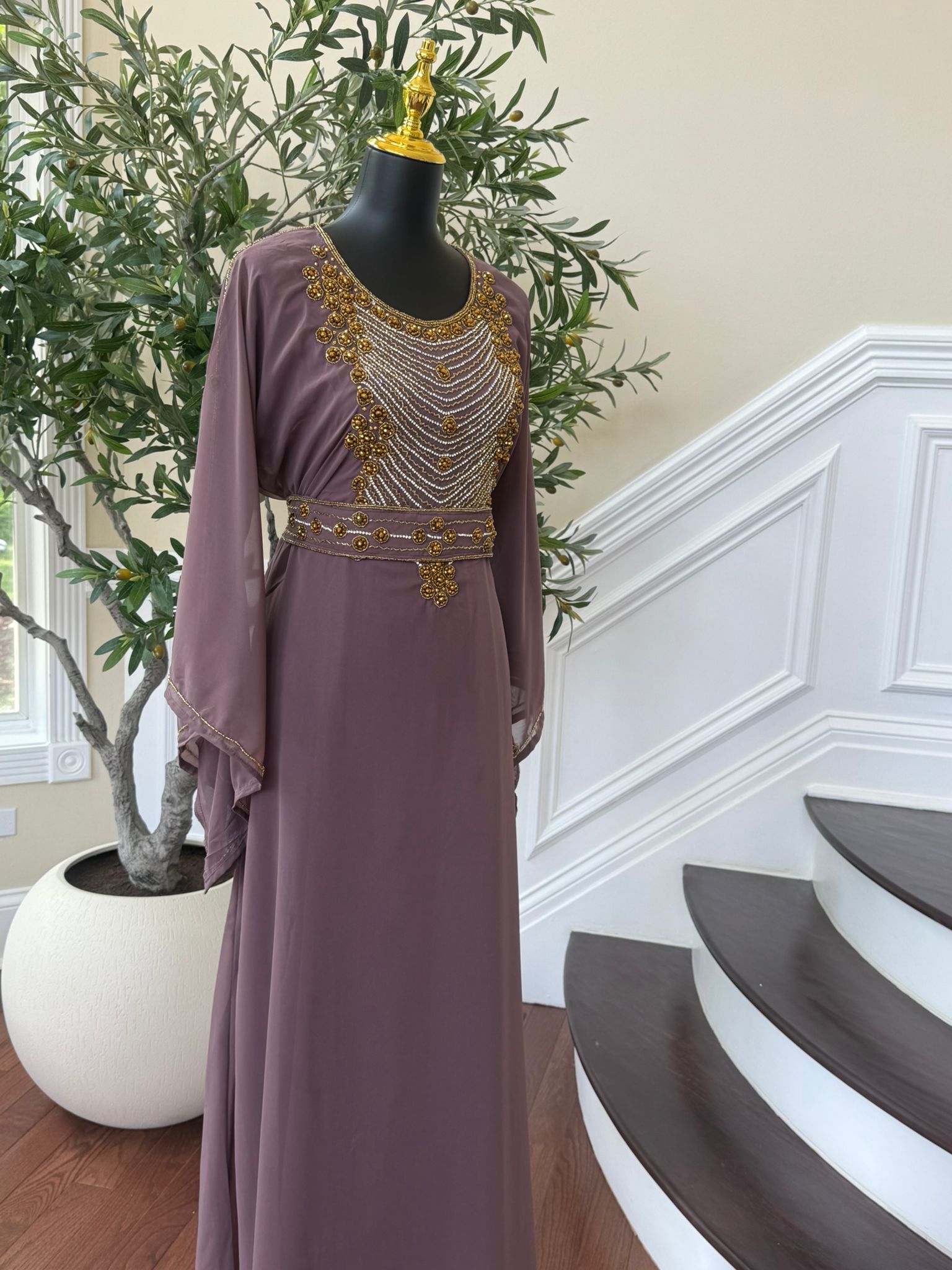 Elegant Mauve Beaded Kuftan Maxi Dress