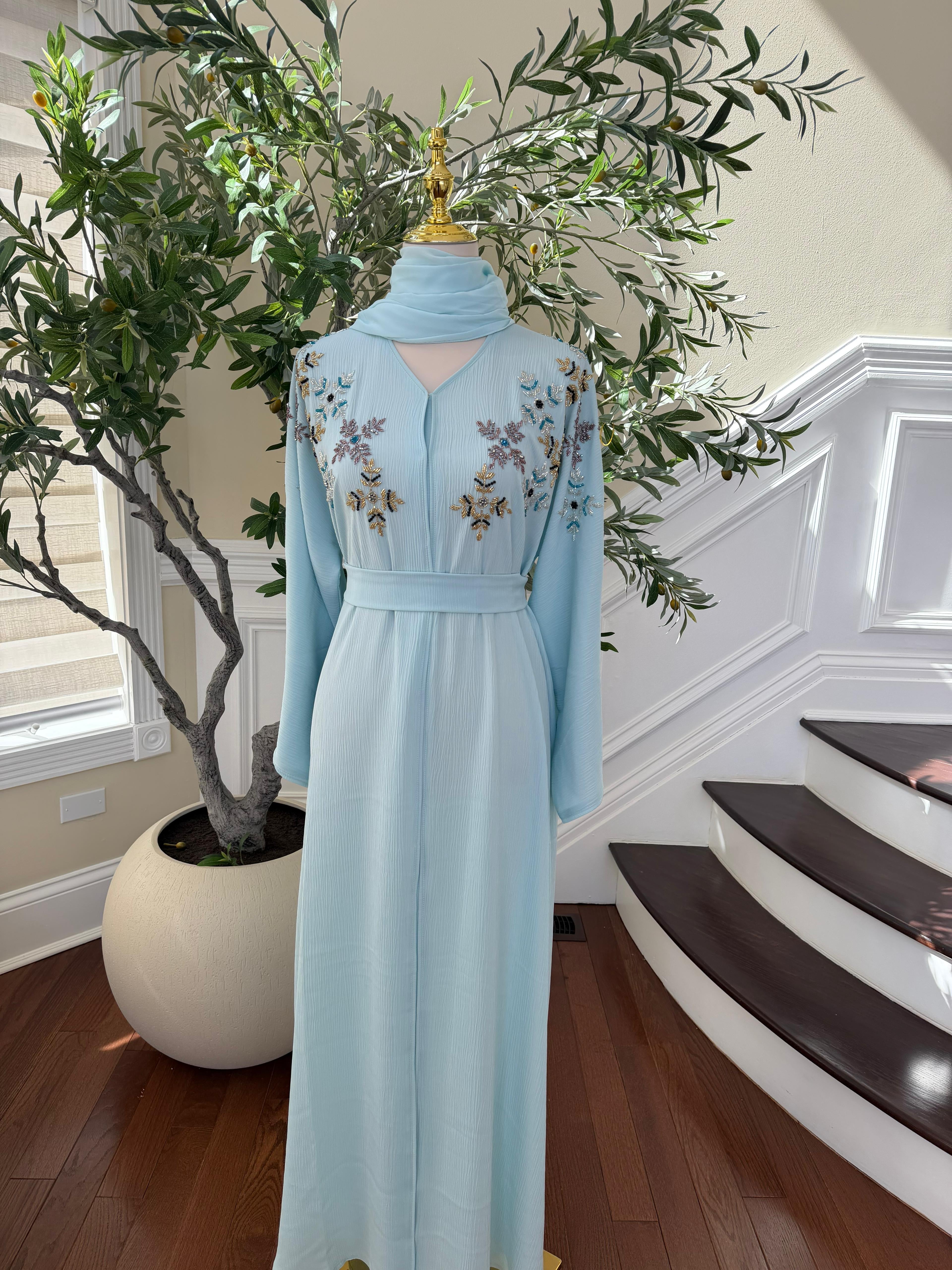 Baby Blue Floral Sequin Abaya