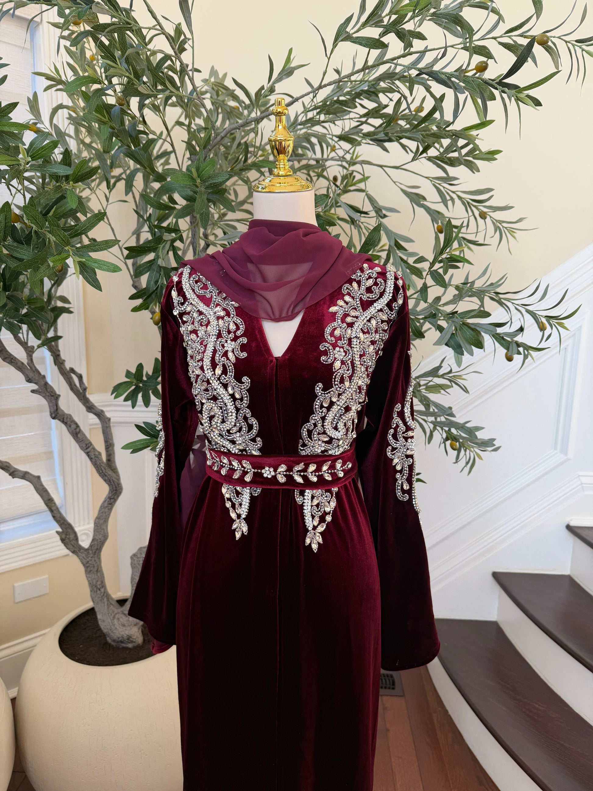 Red Velvet Beaded Stone Charm Abaya