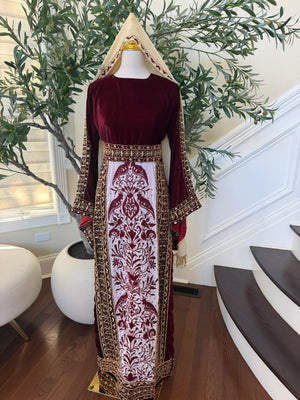 Elegant Burgundy Velvet Palestinian Thobe with Gold Embroidery