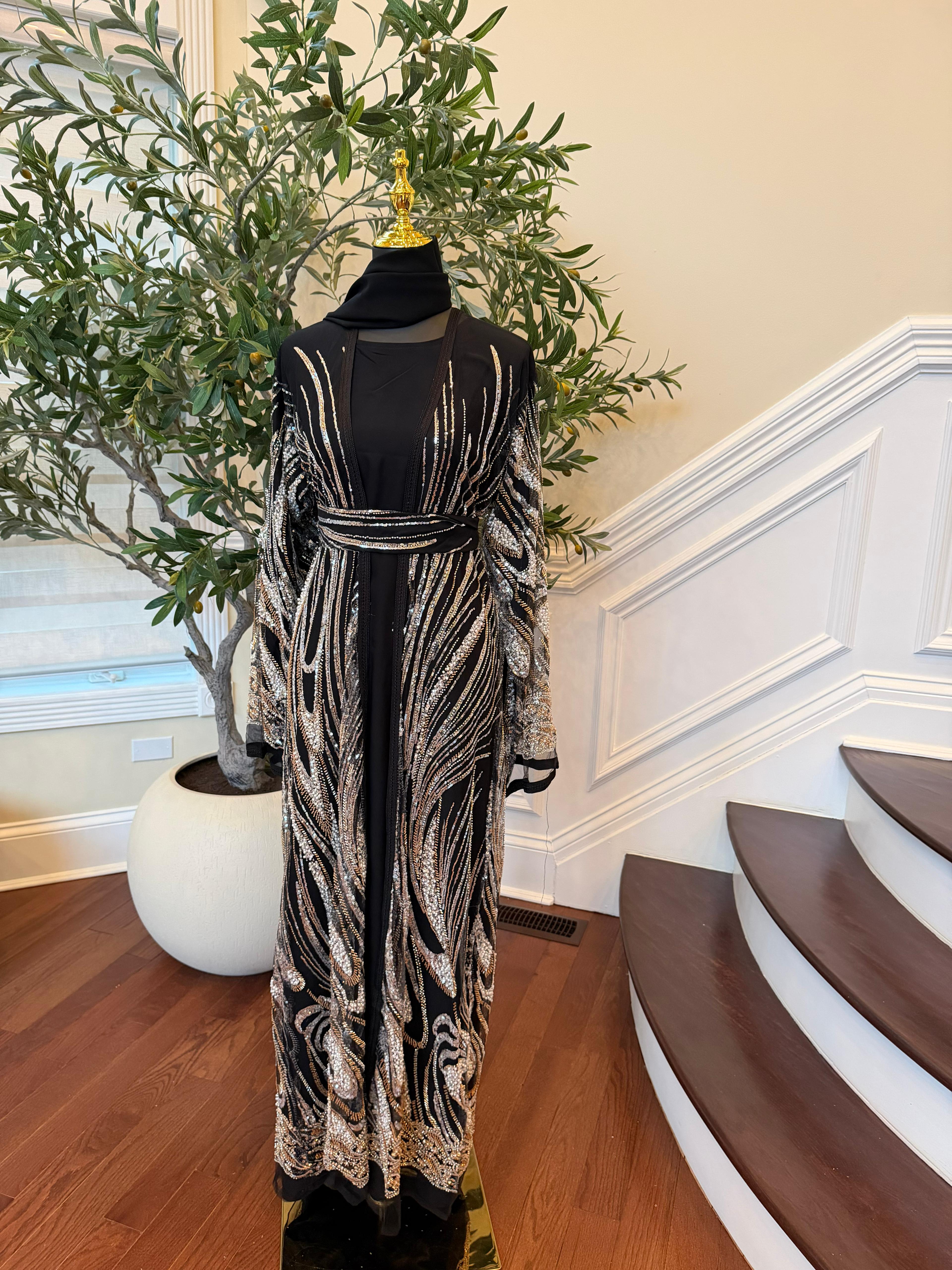 Black Golden Sequin Two Piece Abaya