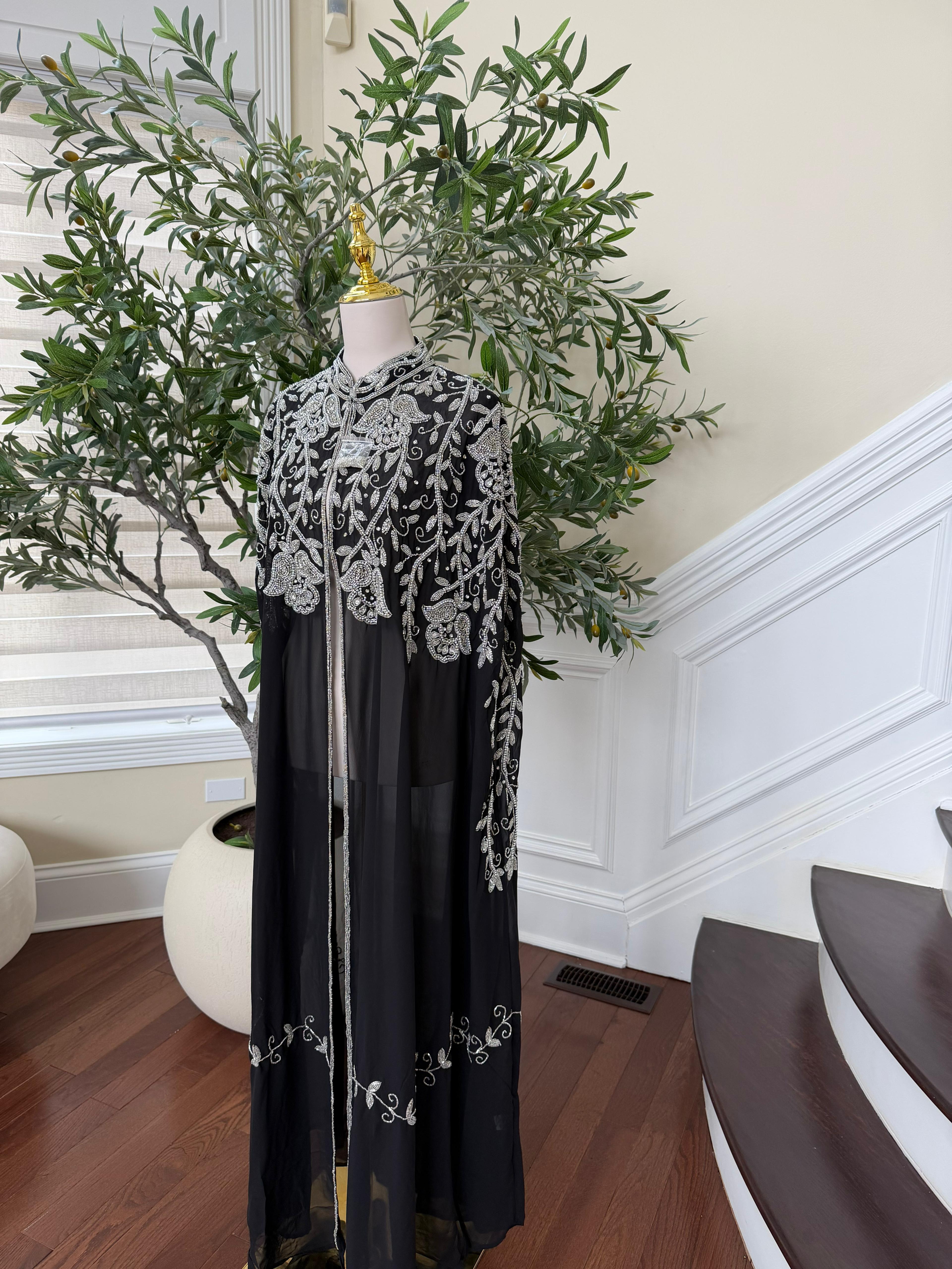 Silver Floral Black Cardigan Abaya