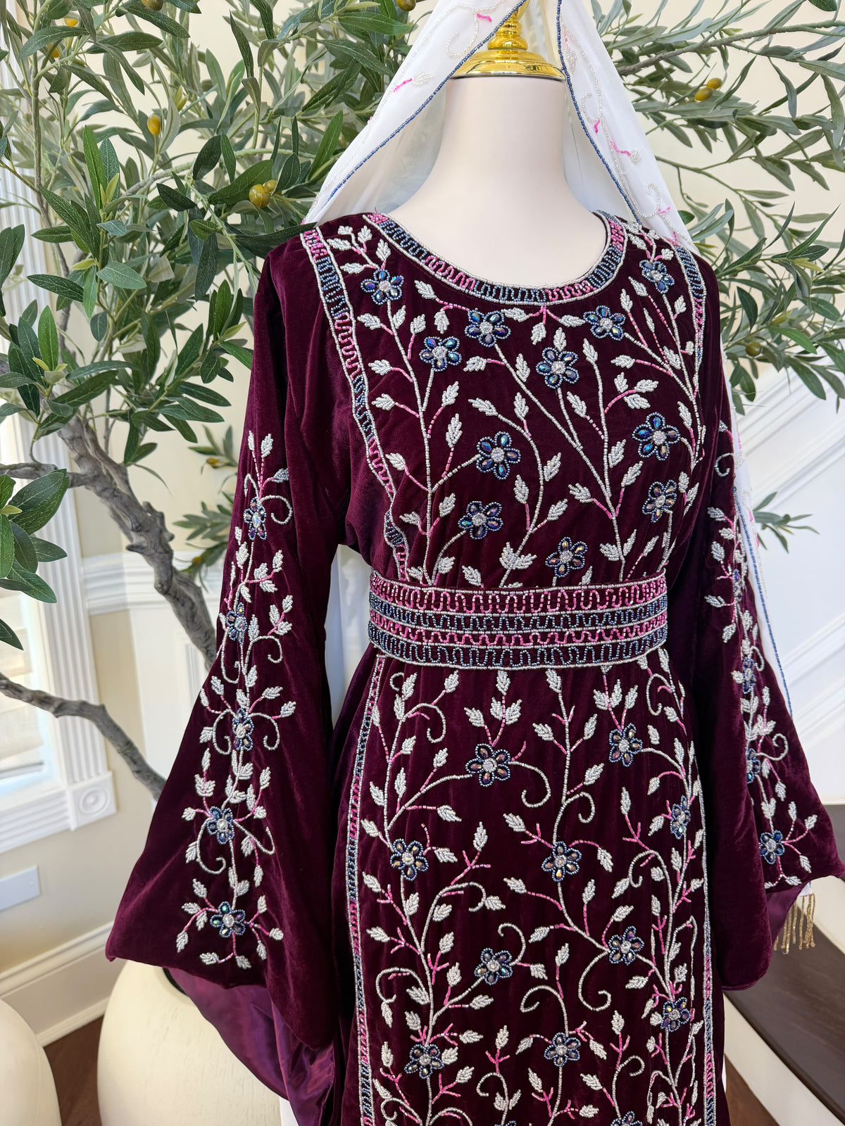 Elegant Burgundy Velvet Thobe with Blue and Silver Floral Embroidery (scarf not included)