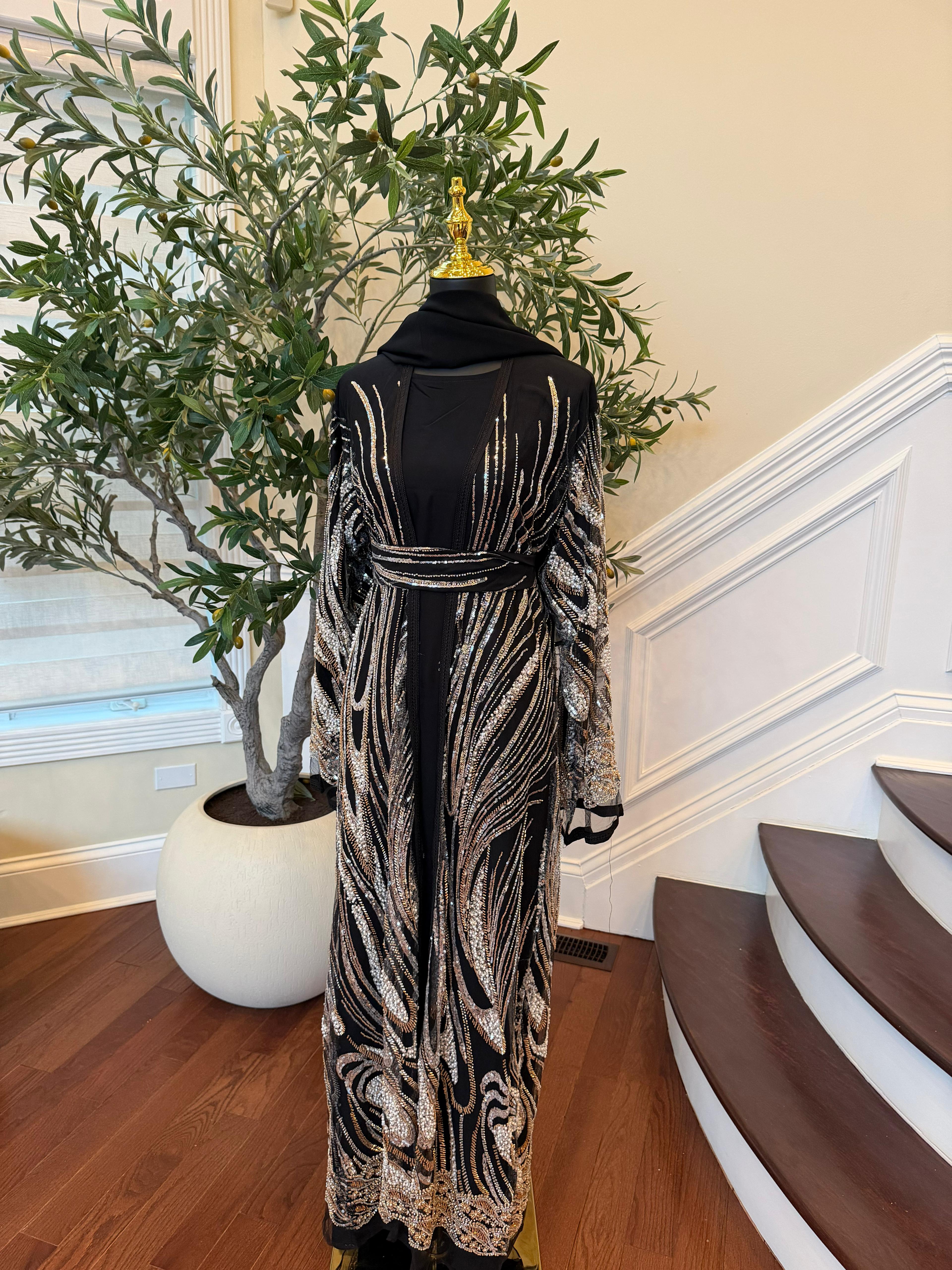 Black Golden Sequin Two Piece Abaya