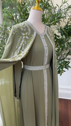 Sage Green Embellished Chiffon Kaftan Crystal Vine Detail