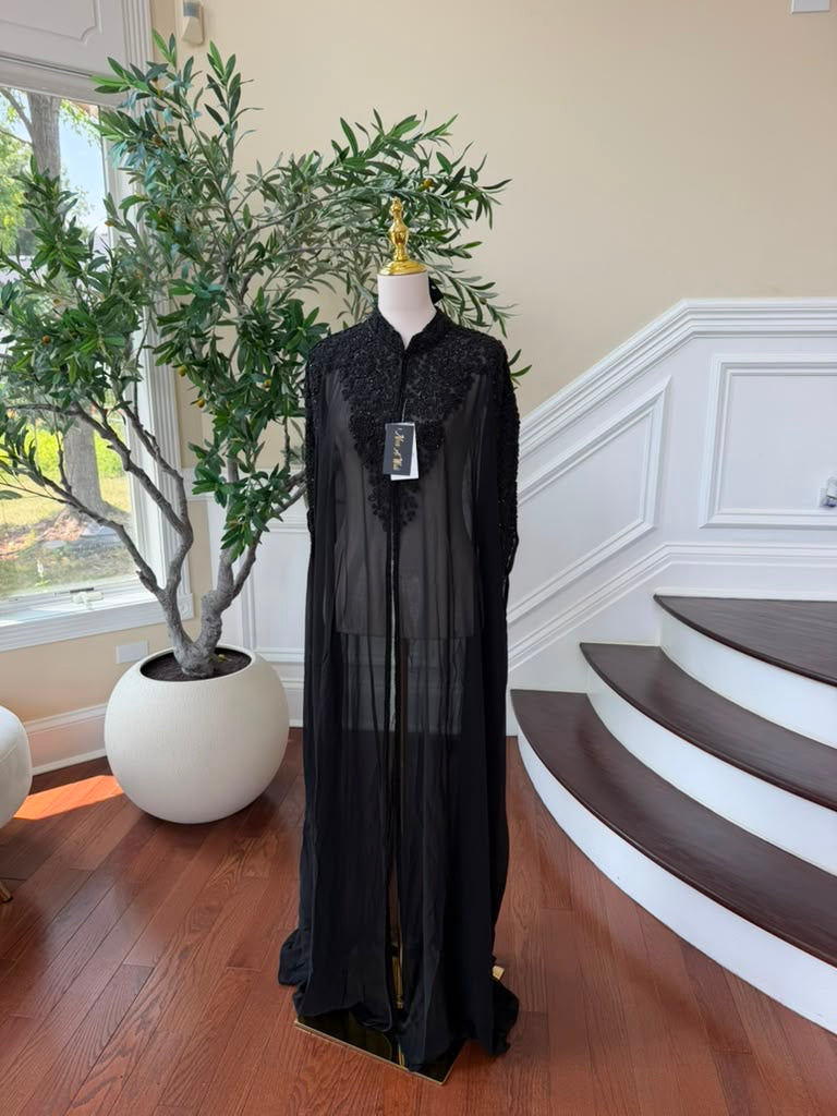 Black Beaded Elegance Charm Cardigan Abaya