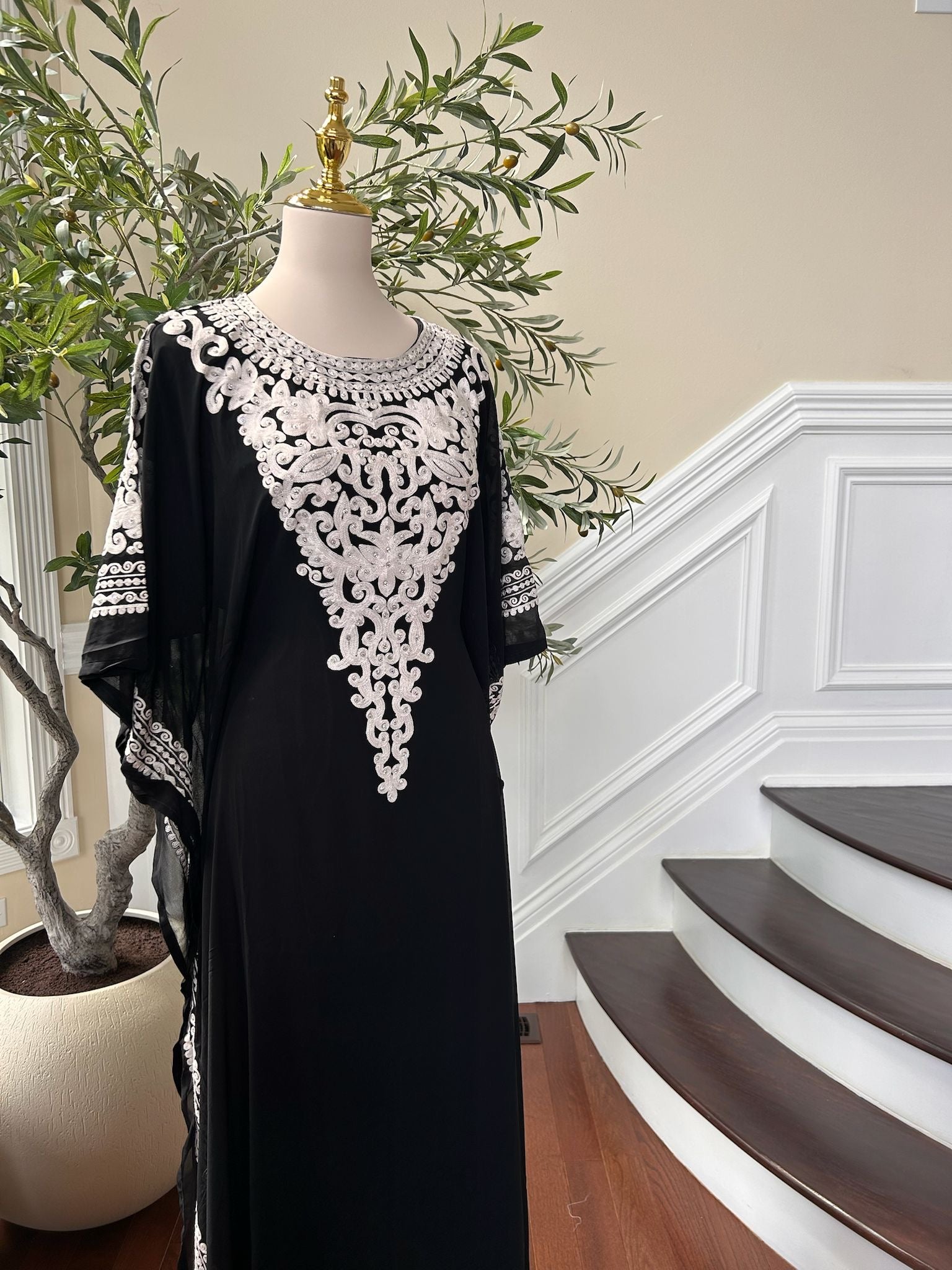 Luxury Black Embroidered White Detail Kuftan Dress