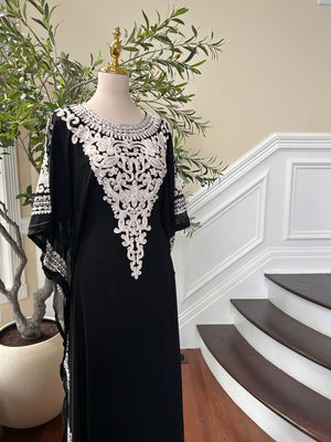 Luxury Black Embroidered White Detail Kuftan Dress
