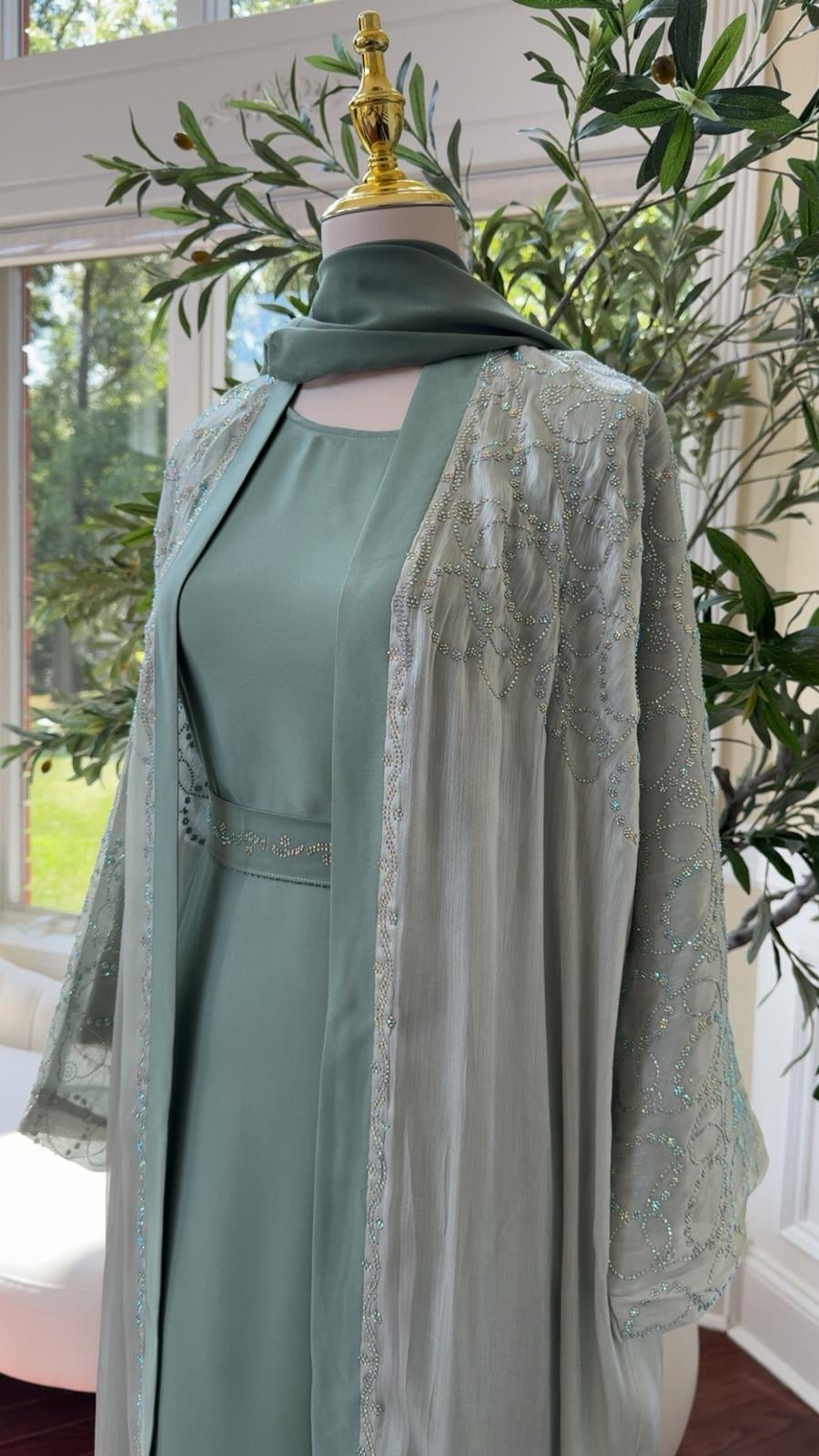 Light Mint Sparkle Luxe Two-Piece Abaya