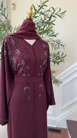 Burgundy Rose Quality Beaded Abaya