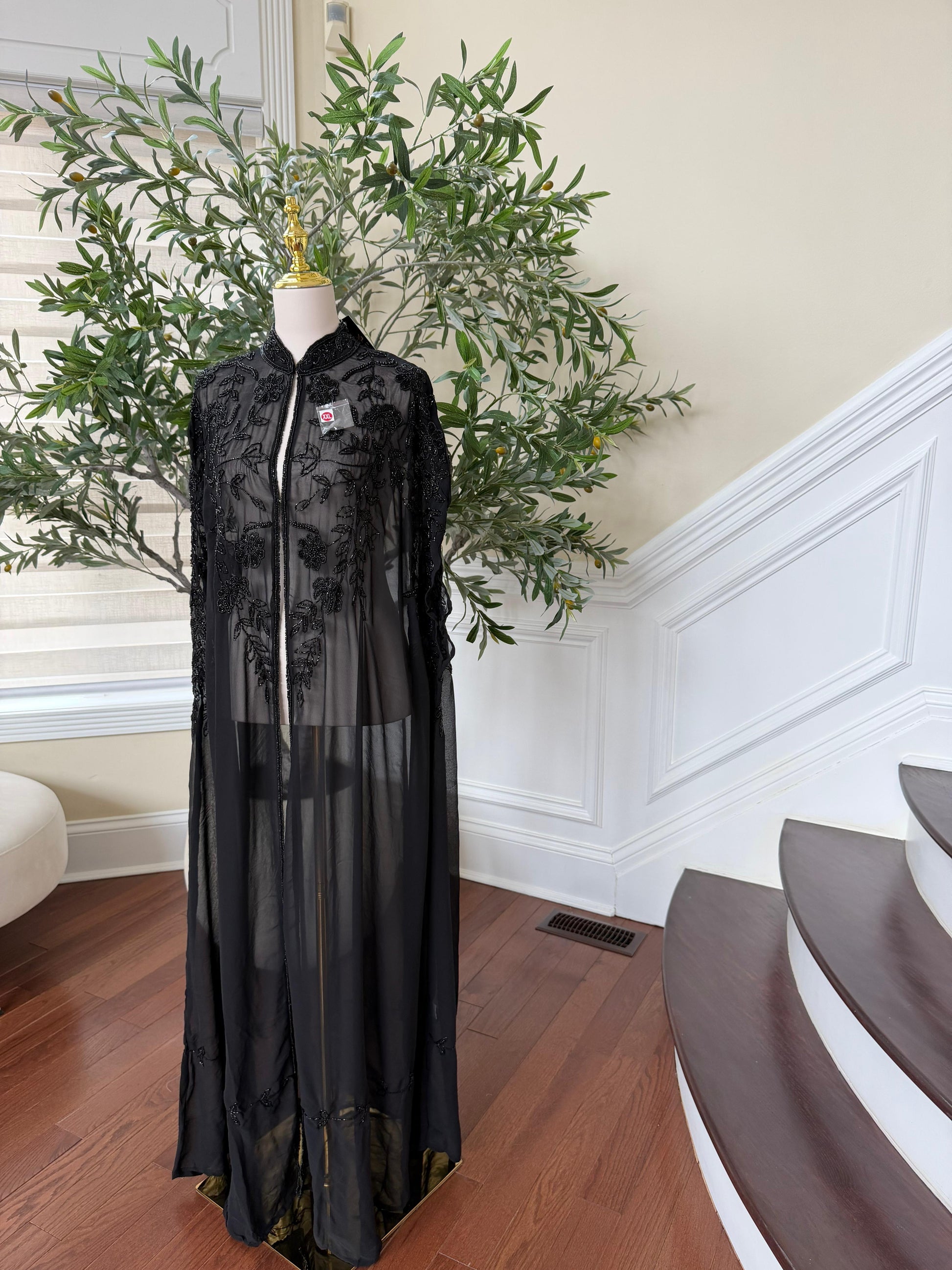 Black Stone Floral Cardigan Abaya