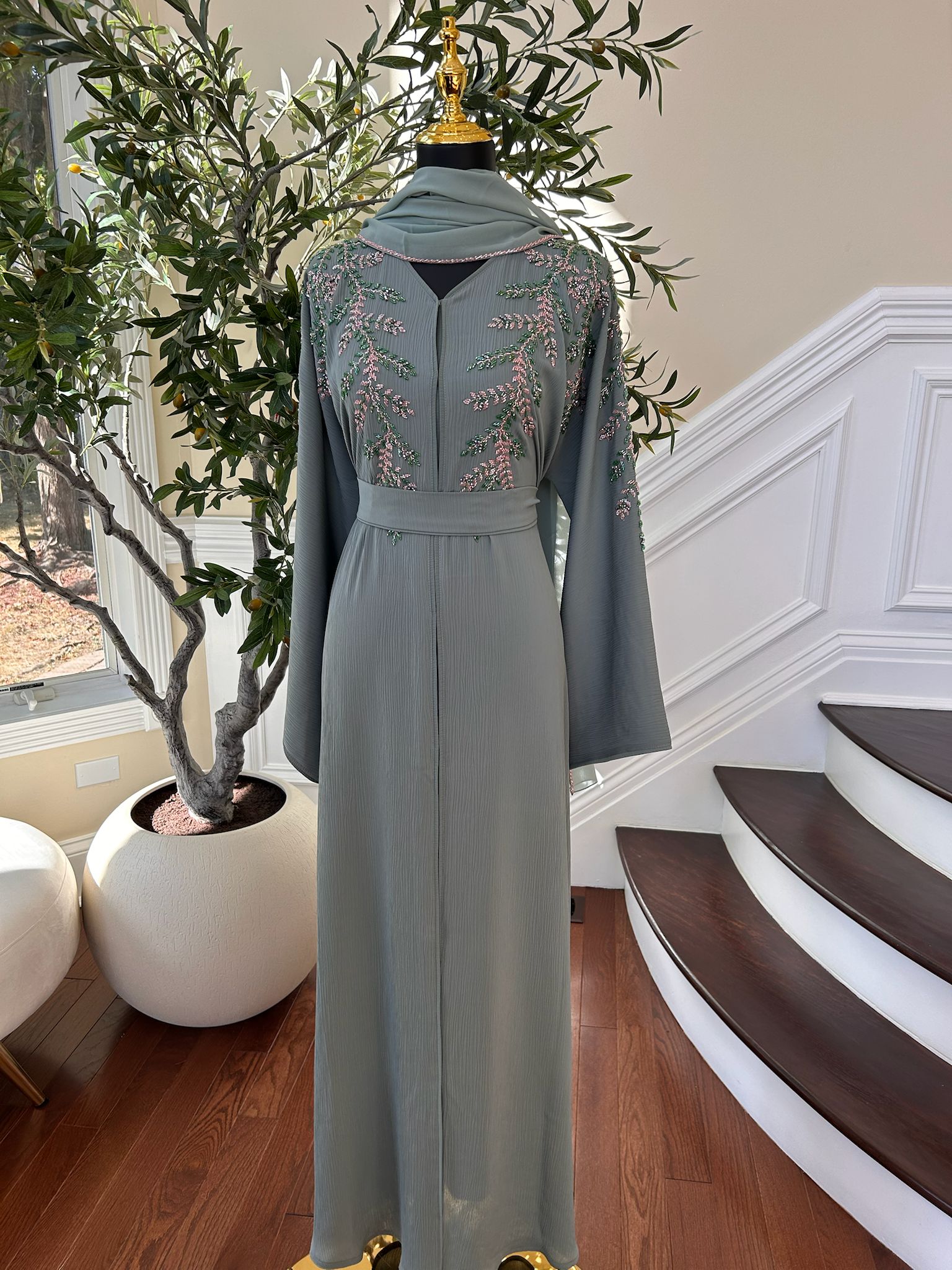 Mint Green Elegance Beaded Charm Abaya