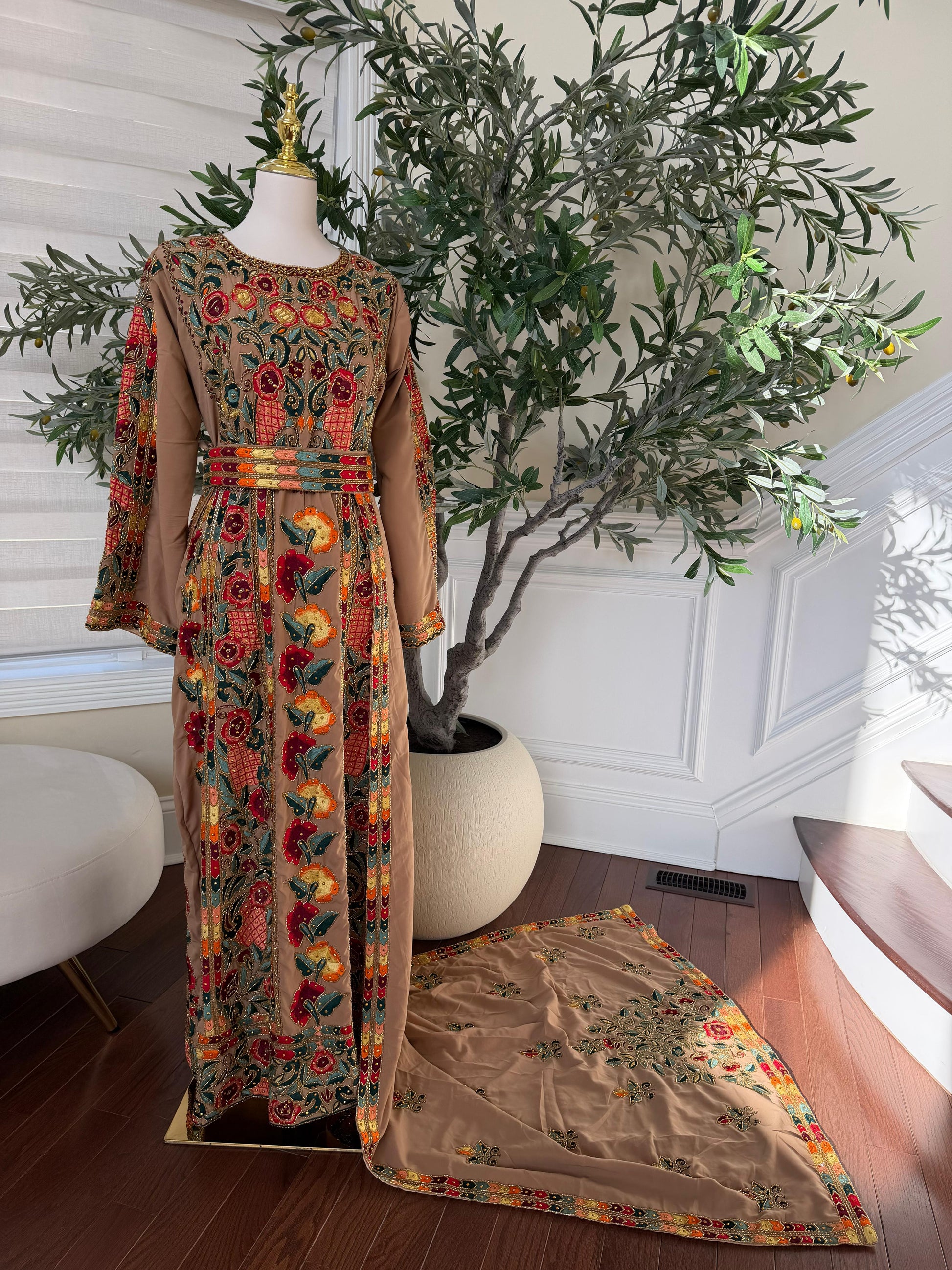 Tan Luxury Heavy Beaded Velvet Thobe