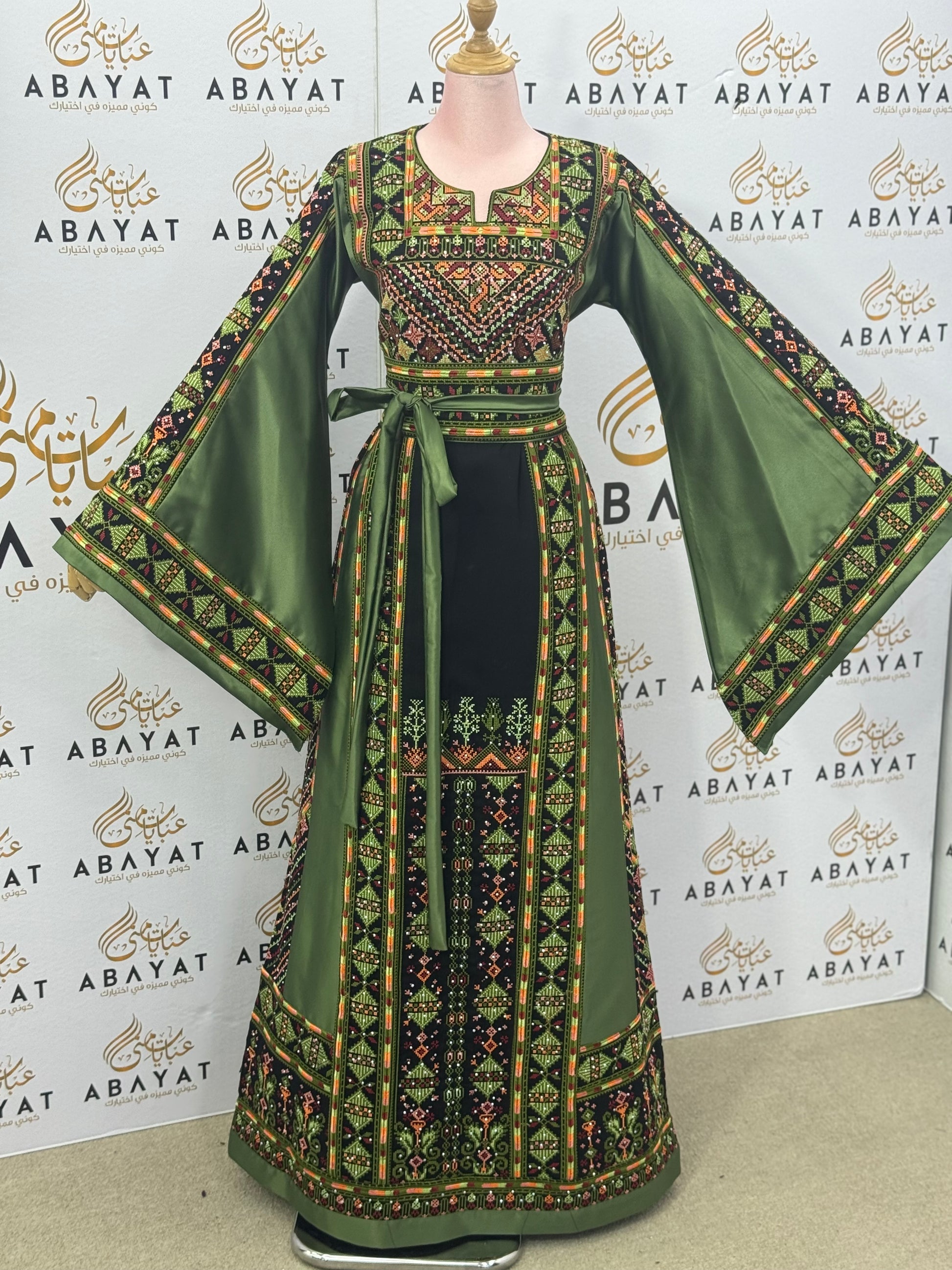 Sage Green Palestinian Thobe – Mixed Velvet & Satin Fabric with Tatreez Design