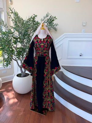 Velvet Blue Floral Embroidered Tatreez Thobe