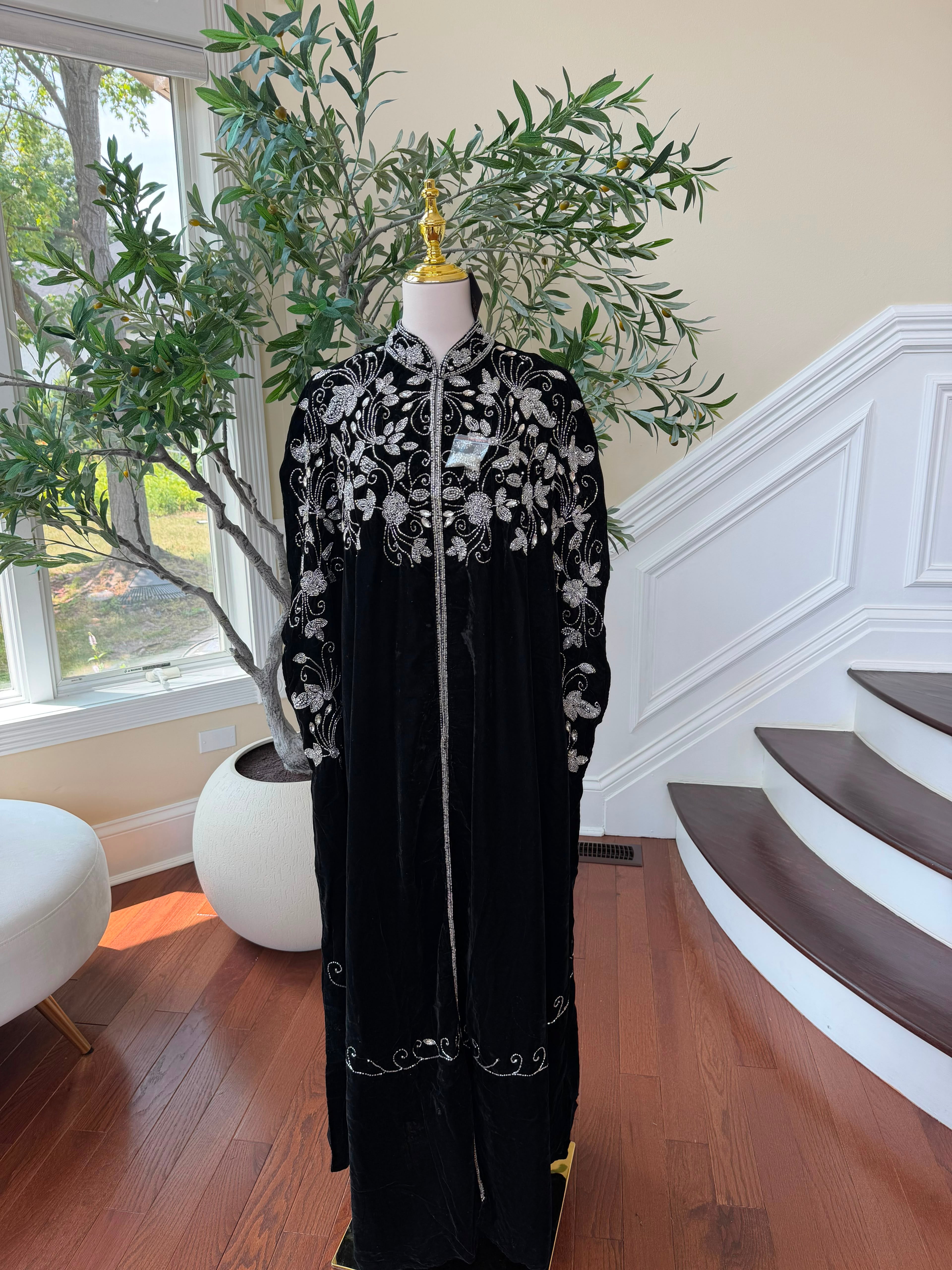 Velvet Black Beaded Elegance Cardigan Abaya