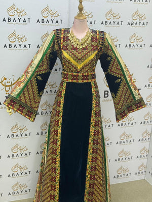 Premium Palestinian Velvet Thobe – Black & Olive Green Embroidery