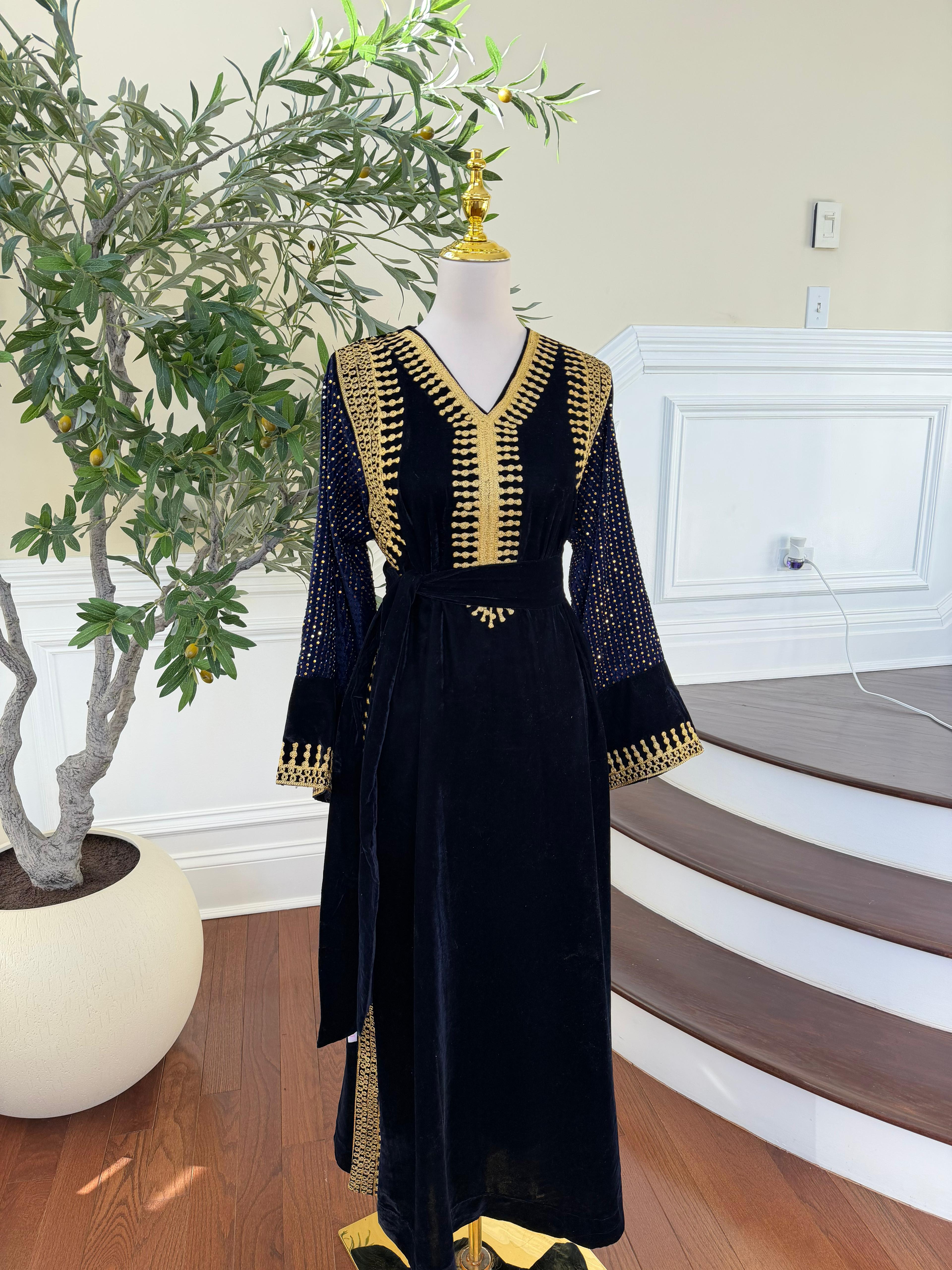 Navy Blue Velvet Celestial Gold Dress