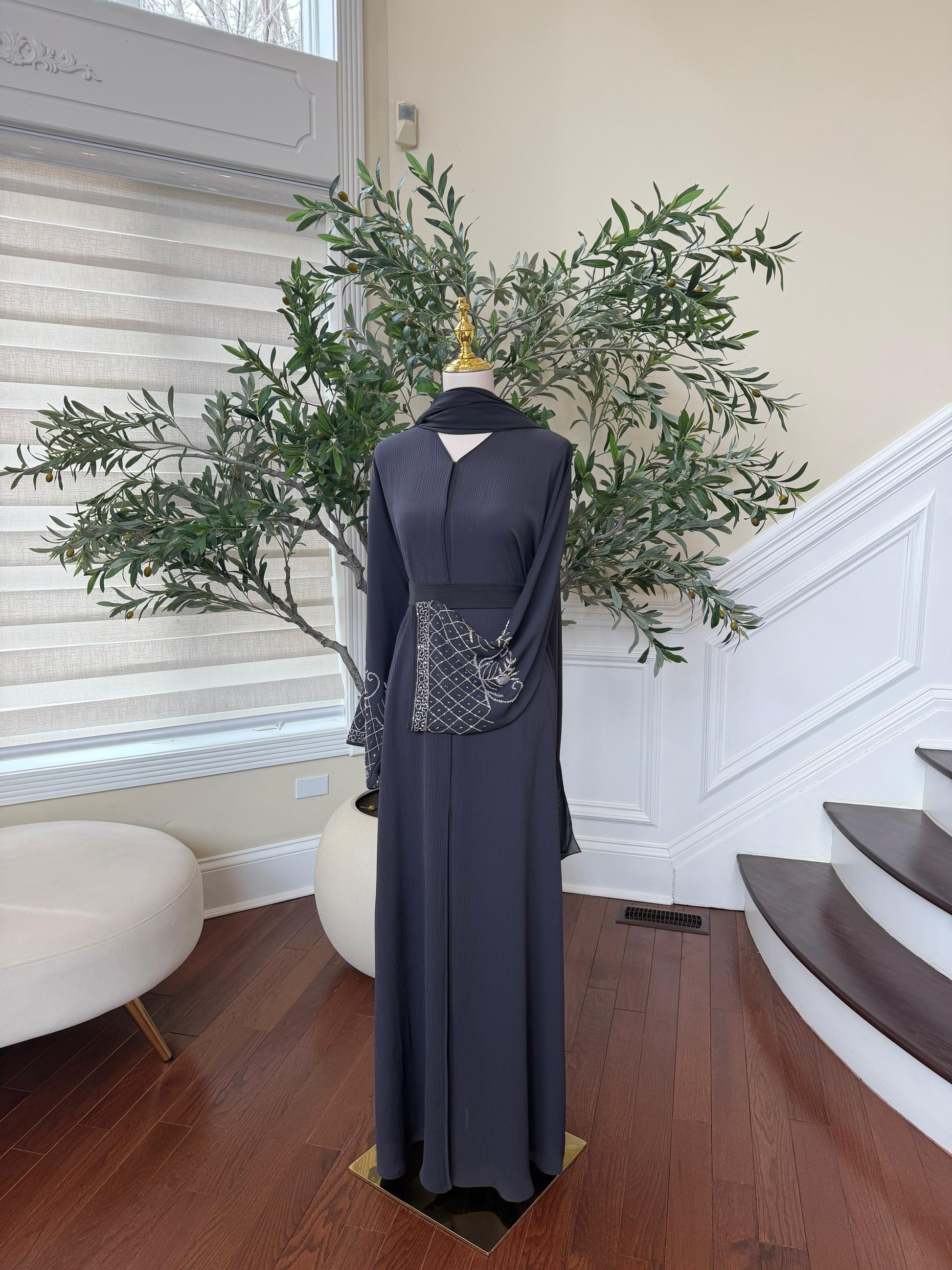 Grey Silver Sleeve Beaded Abaya