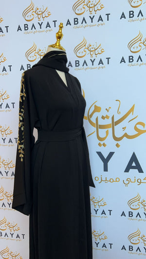 Golden Floral Black Nada Fabric Abaya