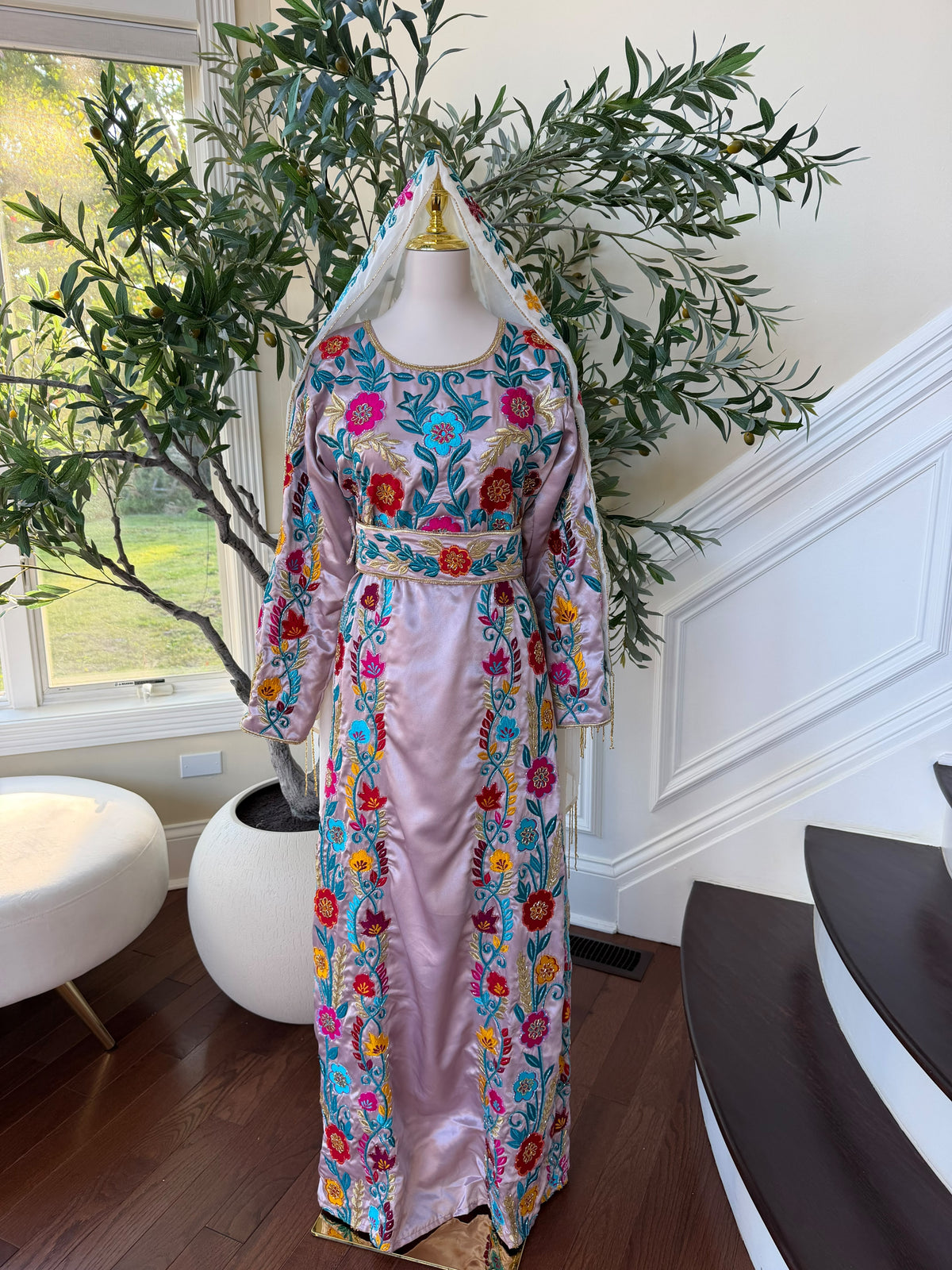 Blush Pink Palestinian Stone Thobe with Vibrant Multicolor Floral Embroidery(scarf not included)