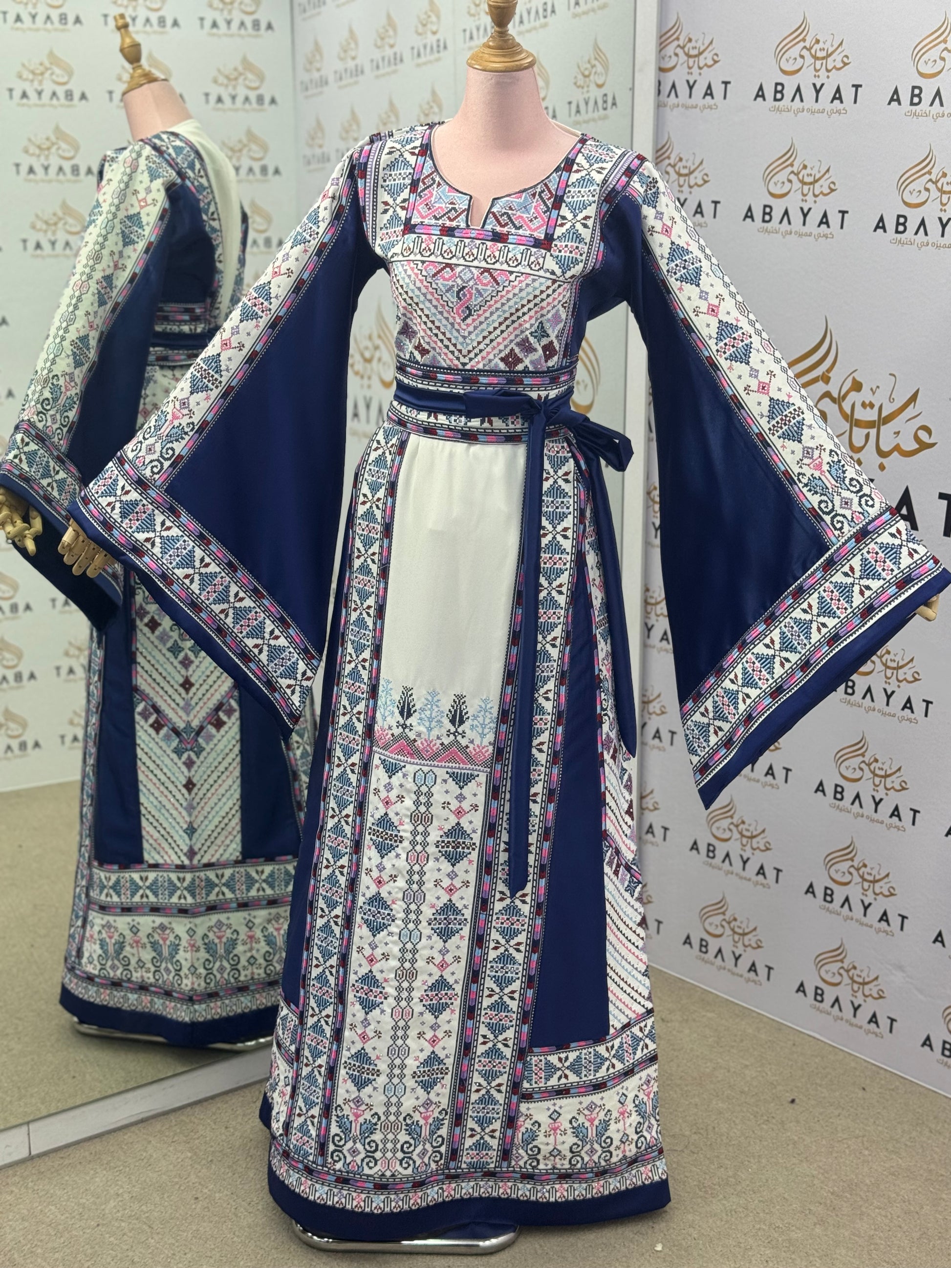 Navy & Ivory Palestinian Thobe – Mixed Fabric with Traditional Tatreez