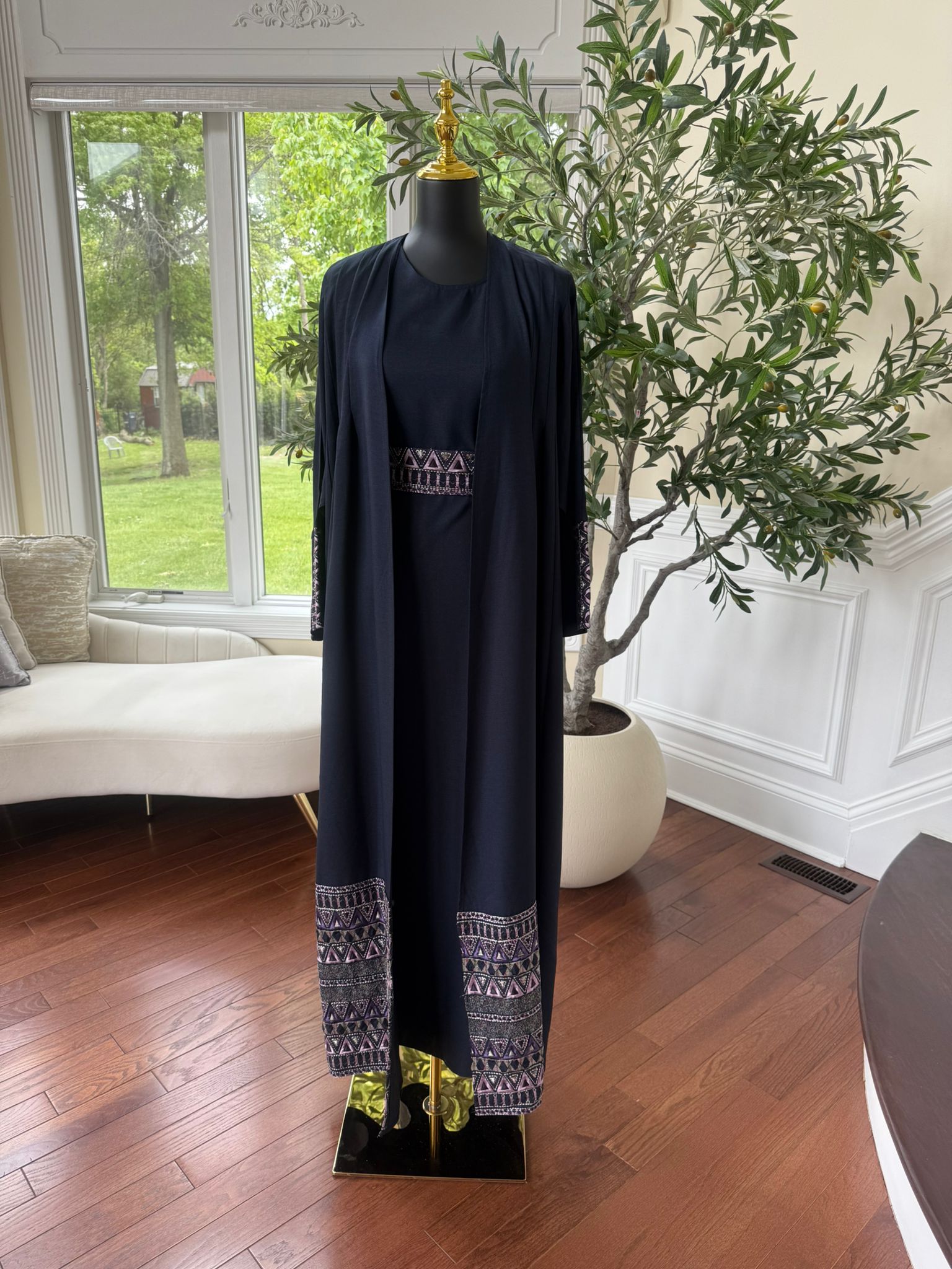 Navy Blue Tatreez Cardigan Abaya