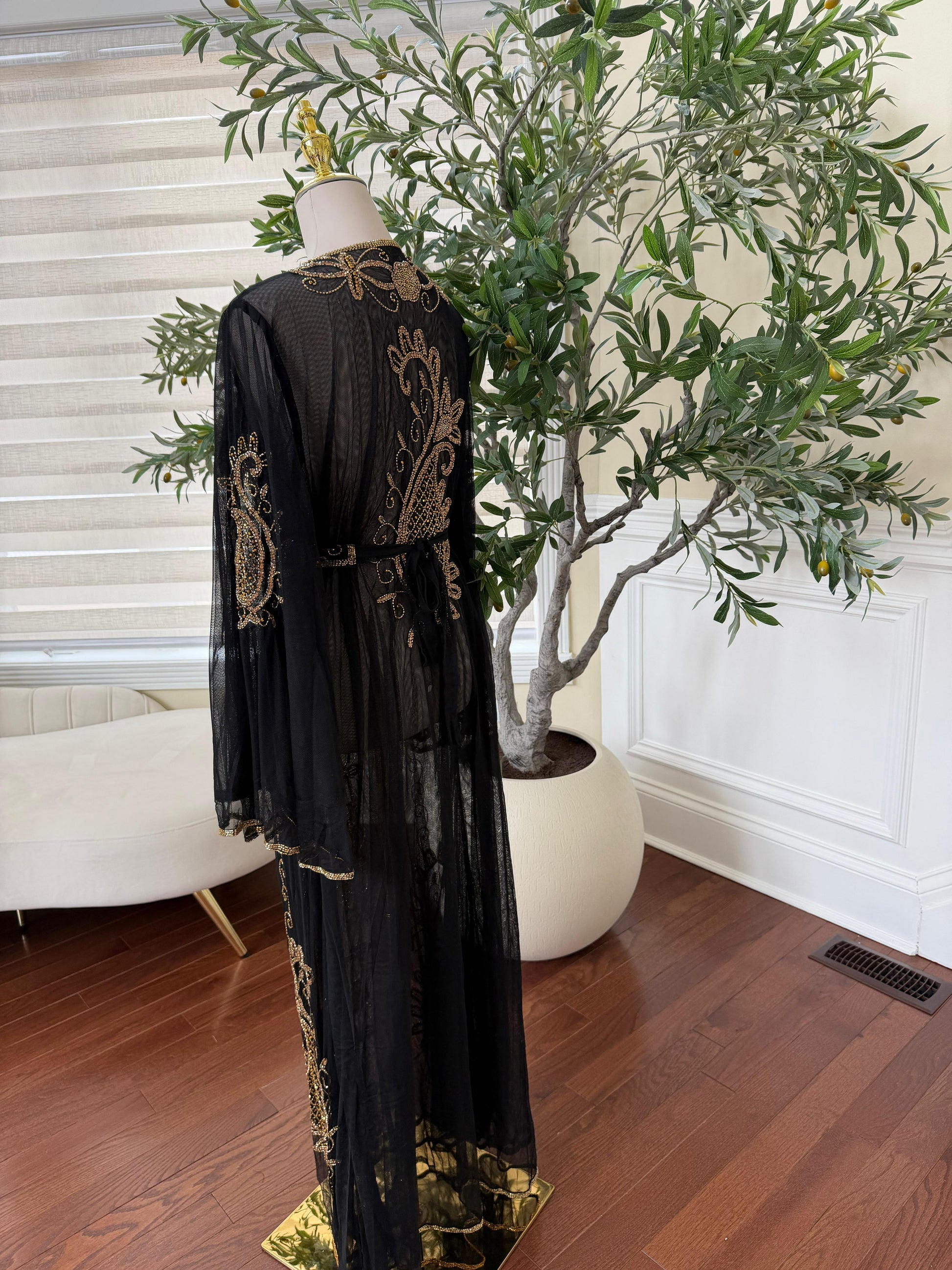 Gold Sequene Beaded Black Cardigan Abaya