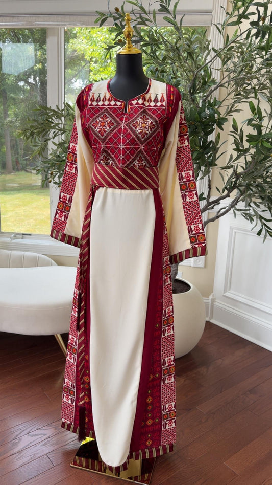 Embroidery Red Tatreez Off White Thobe