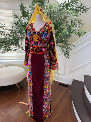 Elegant Burgundy Velvet Palestinian Thobe with Colorful Floral Embroidery – Scarf Not Included