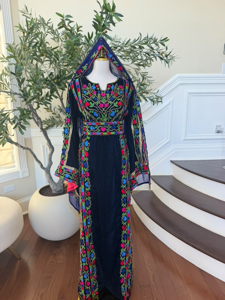 Elegant Navy Blue Velvet Palestinian Thobe with Vibrant Multicolor Floral Embroidery(scarf not included)