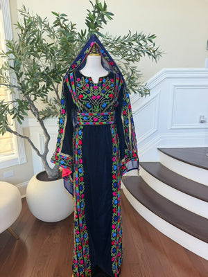 Elegant Navy Blue Velvet Palestinian Thobe with Vibrant Multicolor Floral Embroidery(scarf not included)