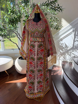 Elegant Cream Palestinian Embroidered Thobe with Traditional Red & Green Detailing (scarf not included)