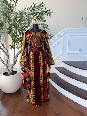 Burgundy Velvet Embroidery Tatreez Thobe